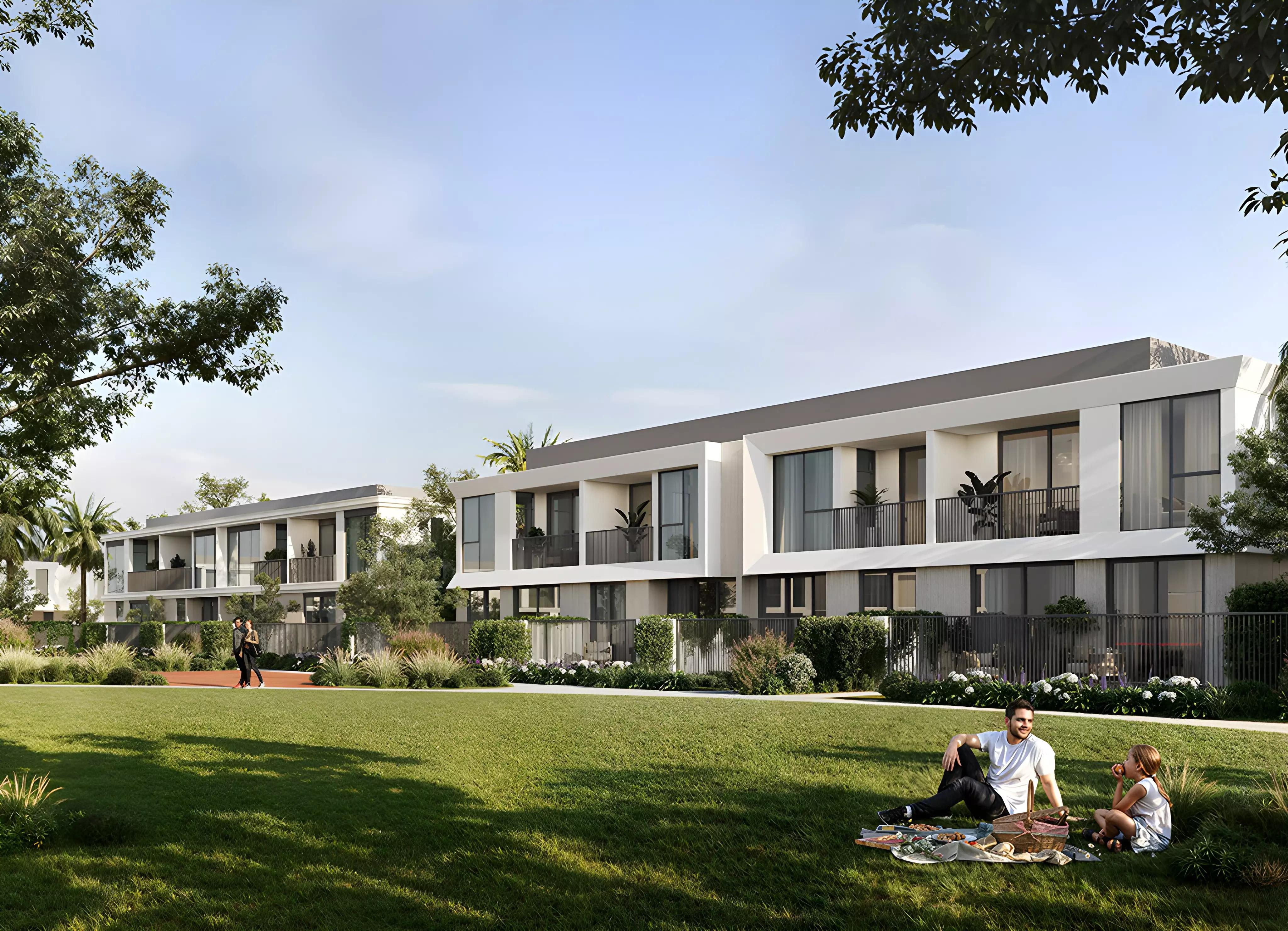Greenville townhouse row and street view, Emaar South, Dubai South