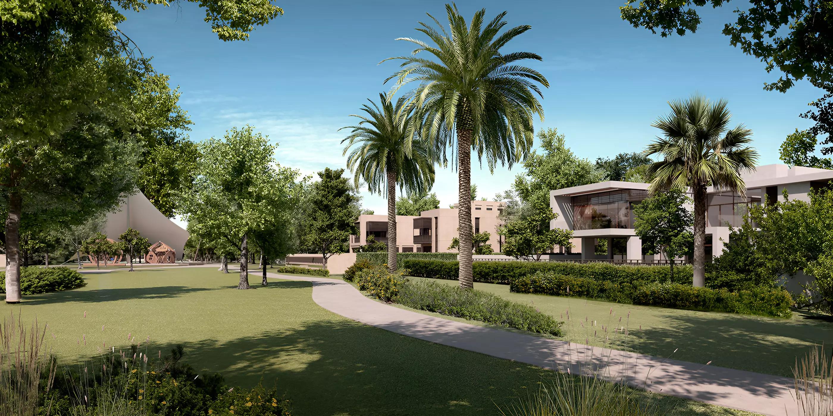 Meydan Avenue C building facade and surrounding landscaping, Meydan, Dubai