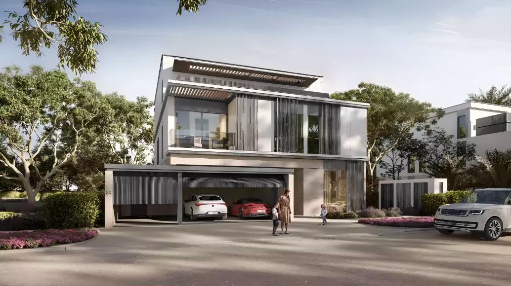 Townhouse row exterior with landscaped front gardens, Nad Al Sheba Gardens Phase 5, Dubai