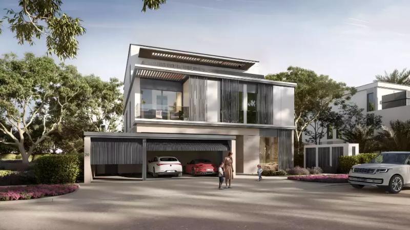 Townhouse row exterior with landscaped front gardens, Nad Al Sheba Gardens Phase 5, Dubai