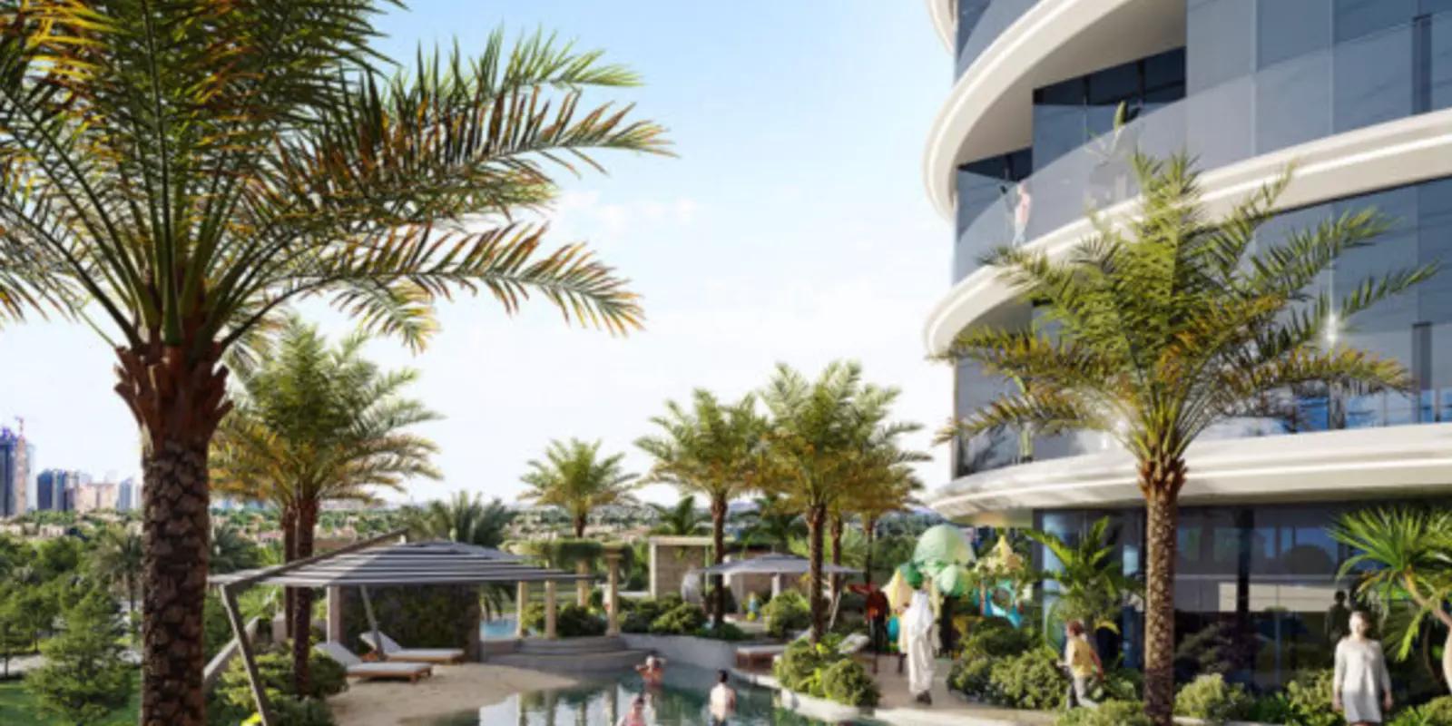 Electra residential tower street-level render, District 14, JVC