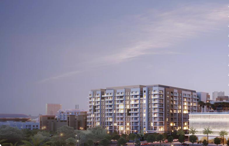 Binghatti Aurora tower exterior facade in Jumeirah Village Circle, Dubai