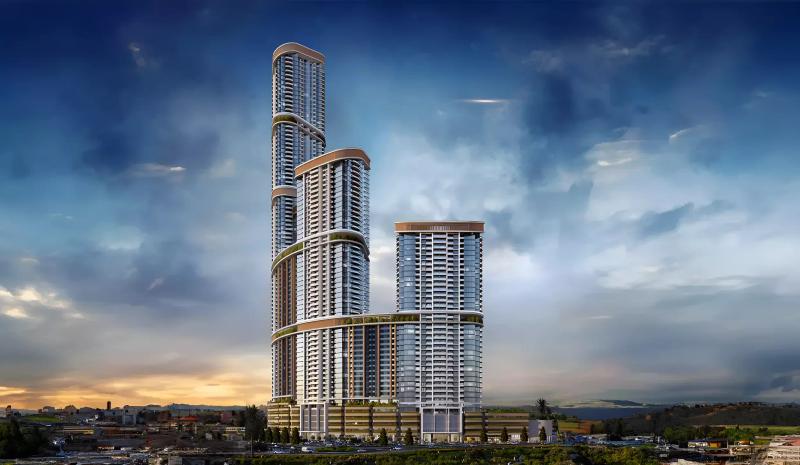 Exterior render of Sobha Skyscape Aura tower against the Bukadra skyline, Sobha Hartland II, Dubai
