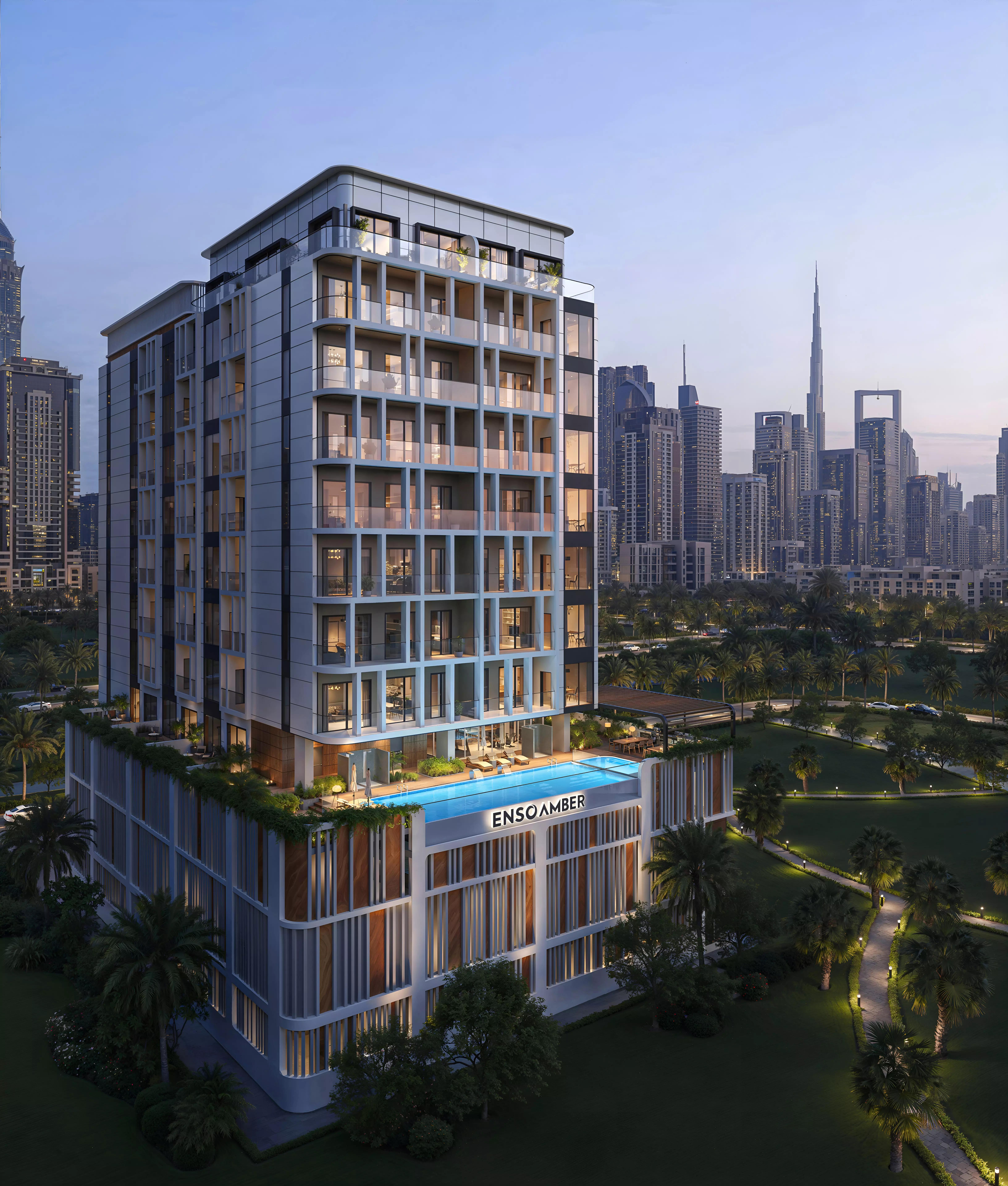 Enso Amber landscaped garden and outdoor seating area rendering, Al Satwa, Dubai
