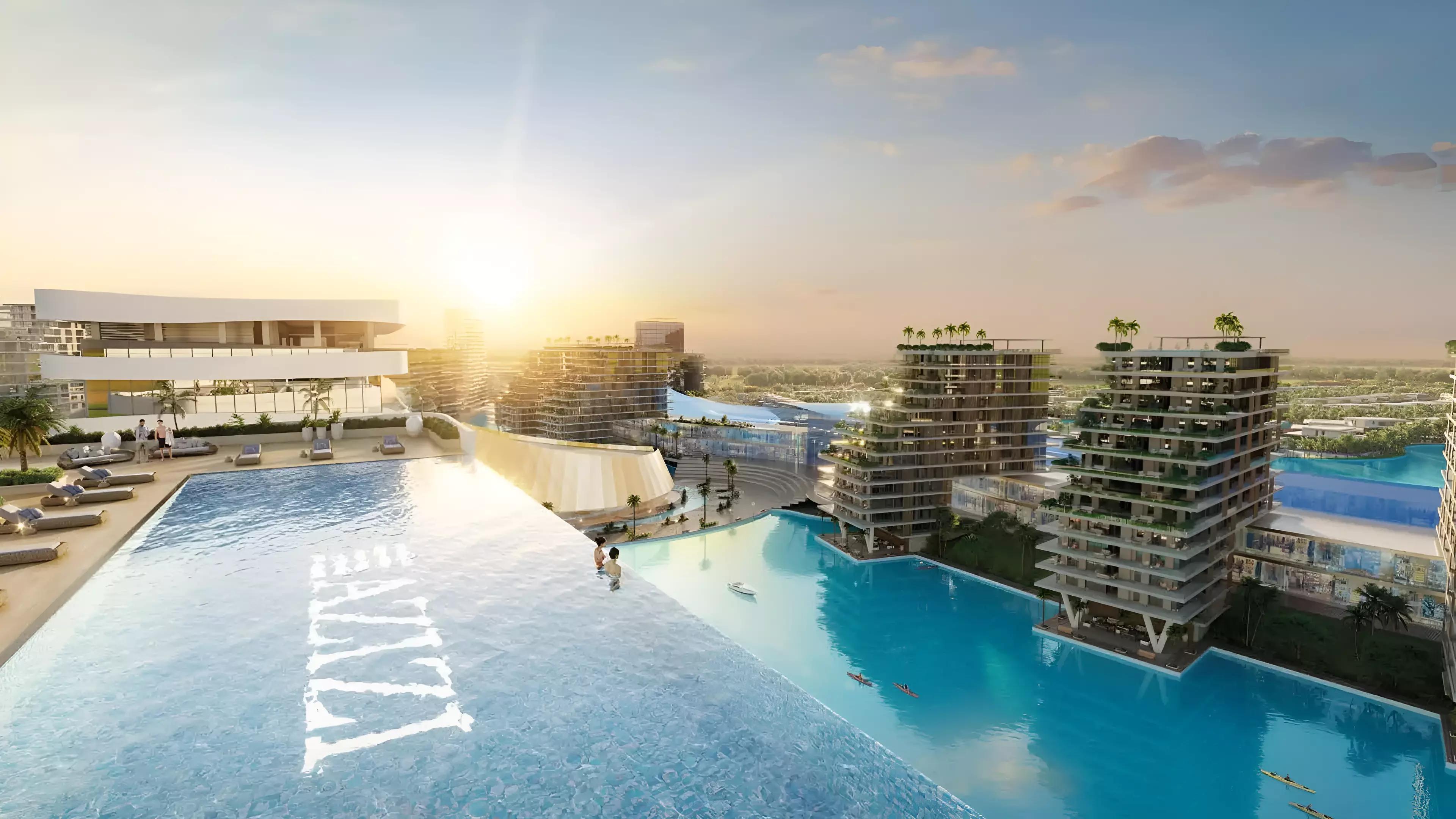 Azizi Venice 11 building elevation with surrounding community, Dubai South