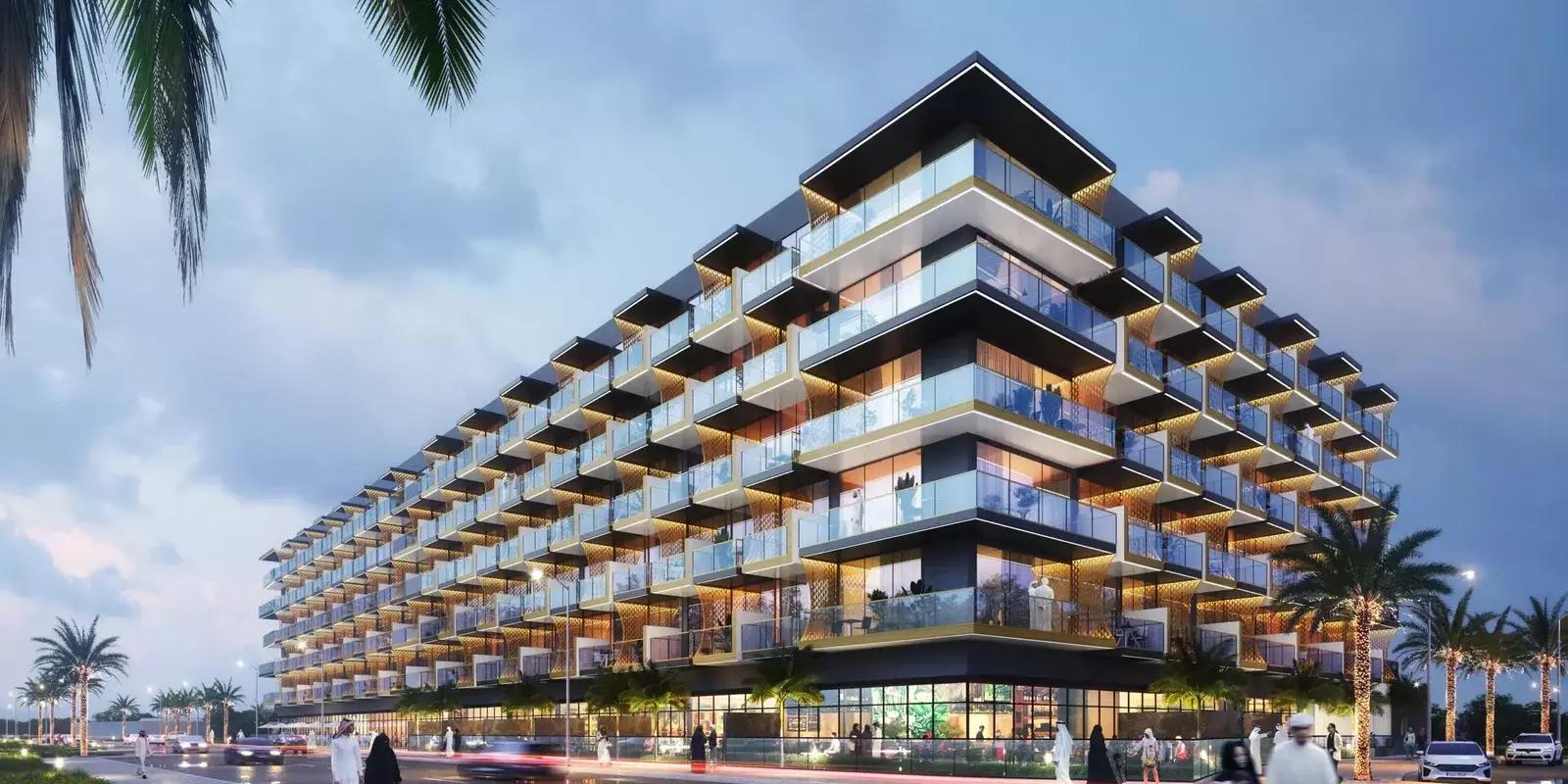 Binghatti Crescent exterior facade, Jumeirah Village Circle, Dubai