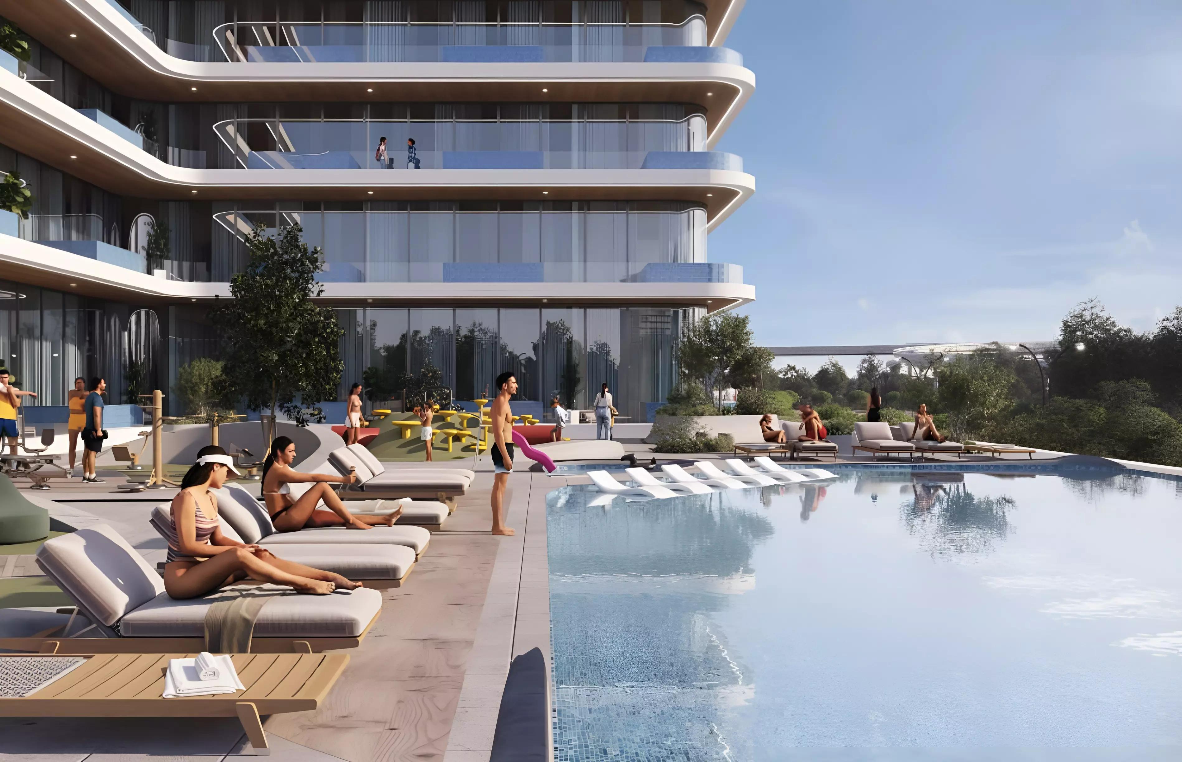 Samana Ibiza building rendering with landscaped surroundings, Dubai Land