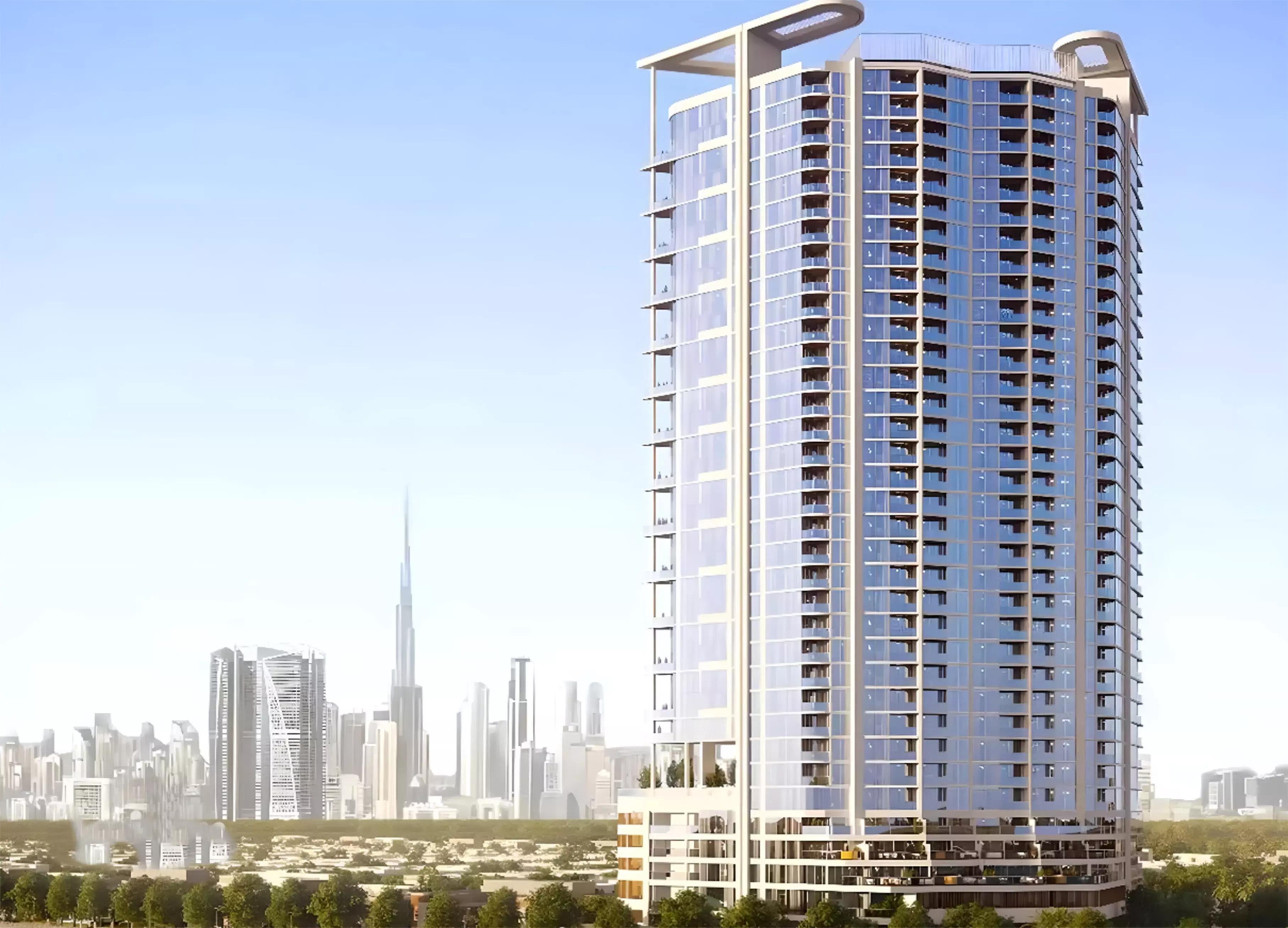 Waves Grande building facade and landscaping, Sobha Hartland, Dubai