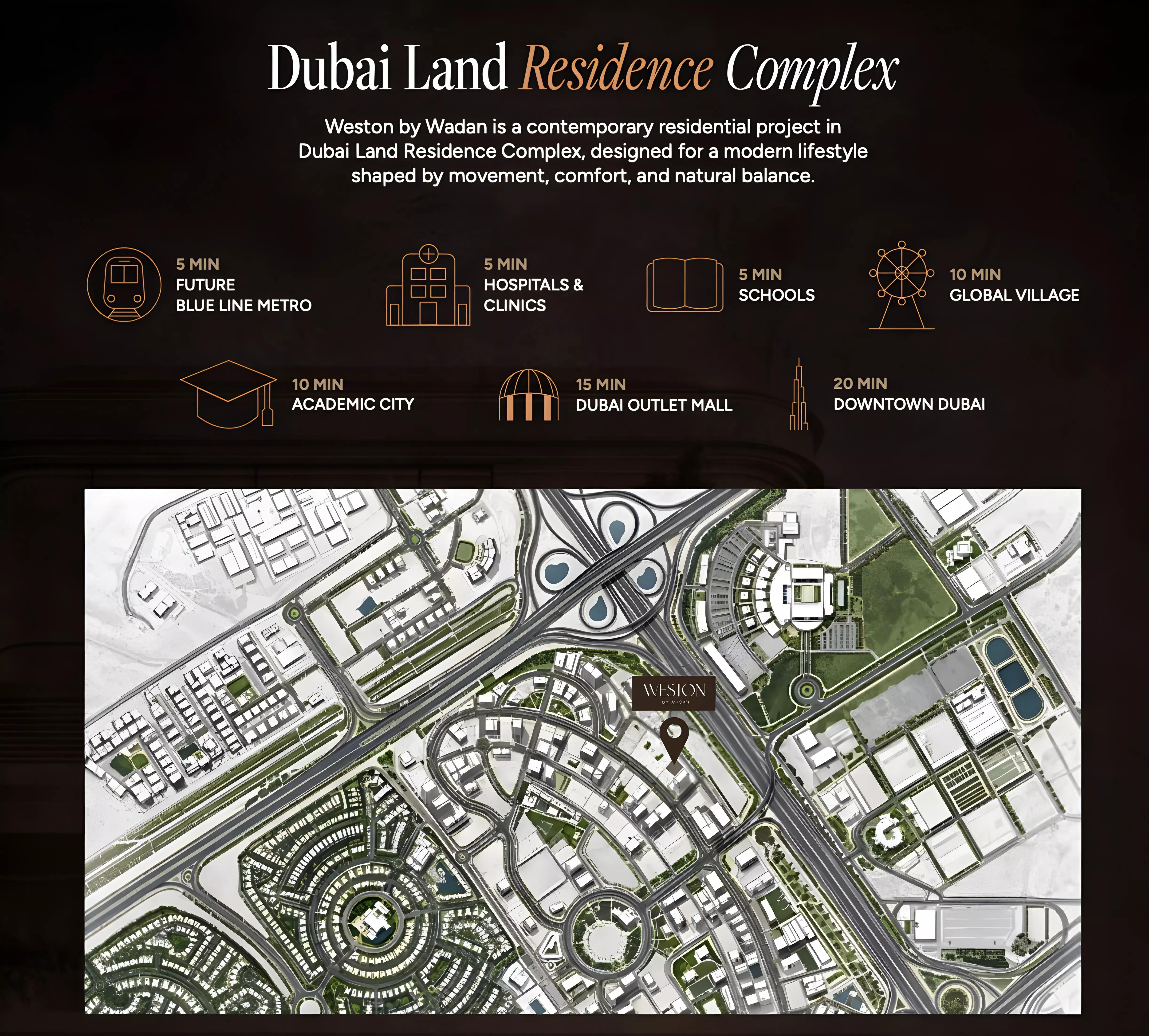 Weston master plan layout showing building placement, Dubai Land, Dubai