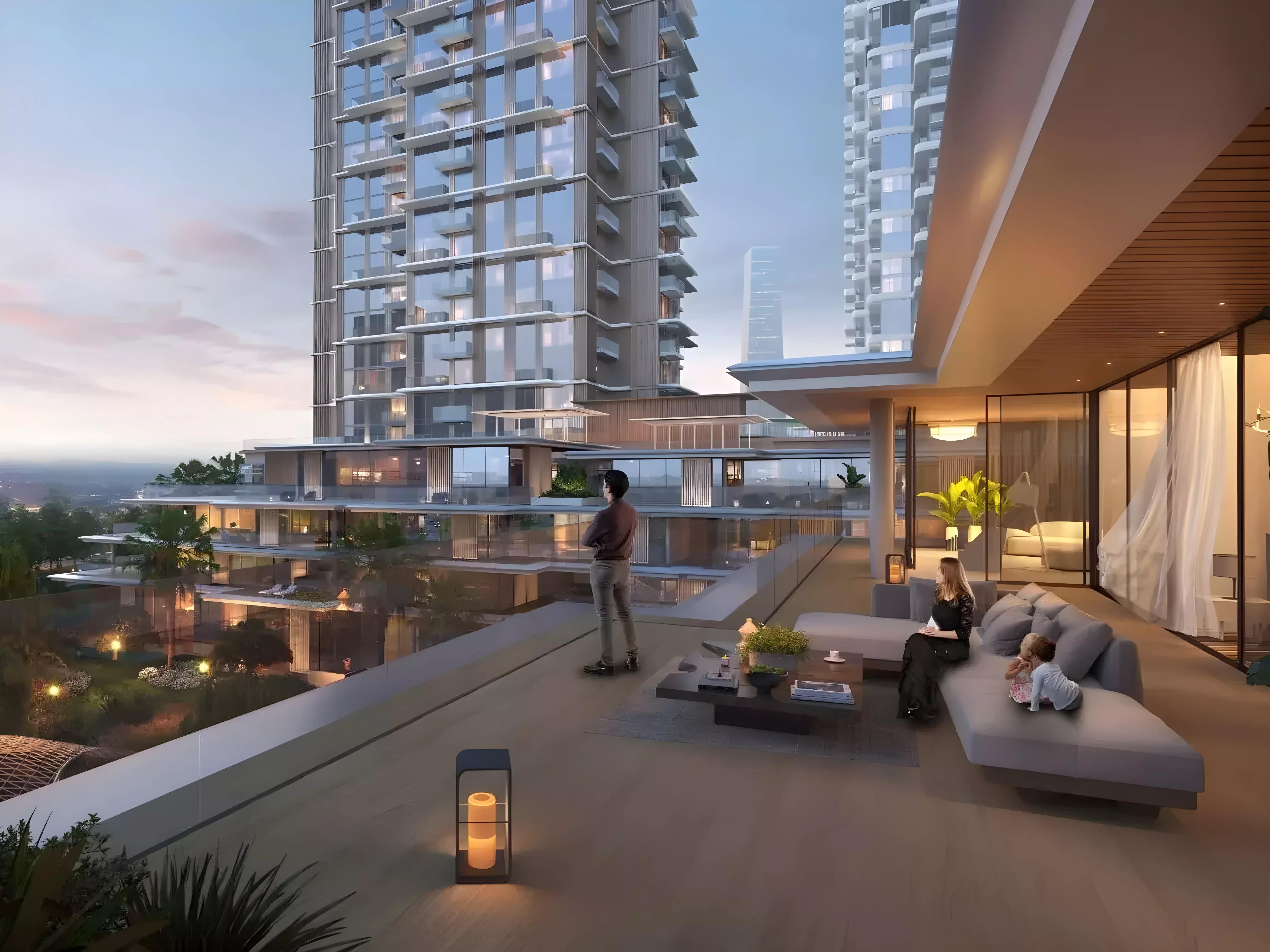 Landscaped garden walkway at Serenia District East Residences, Jumeirah Islands