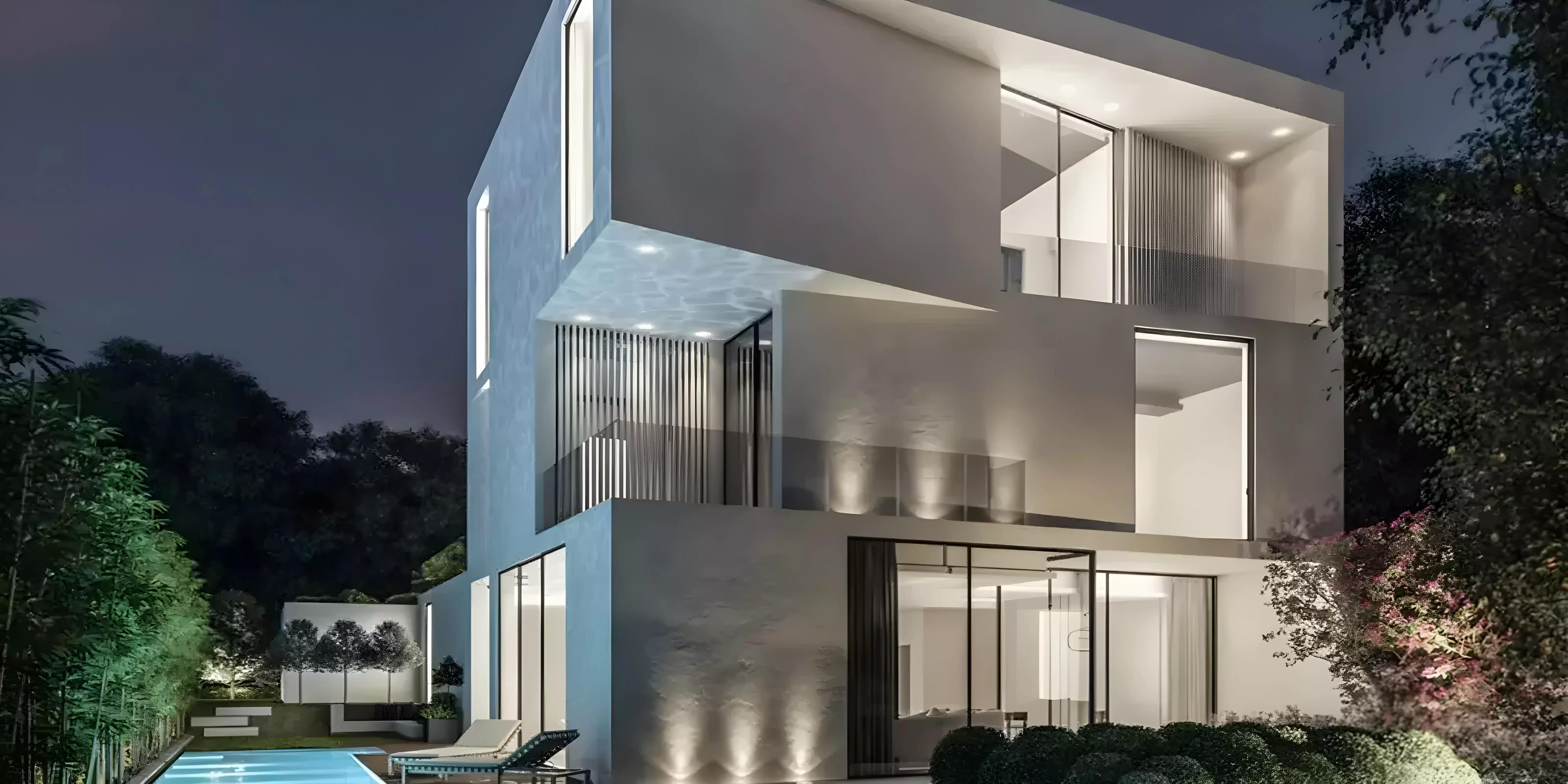 Bedroom interior with built-in wardrobes in a Chorisia 1 villa, Al Barari, Dubai