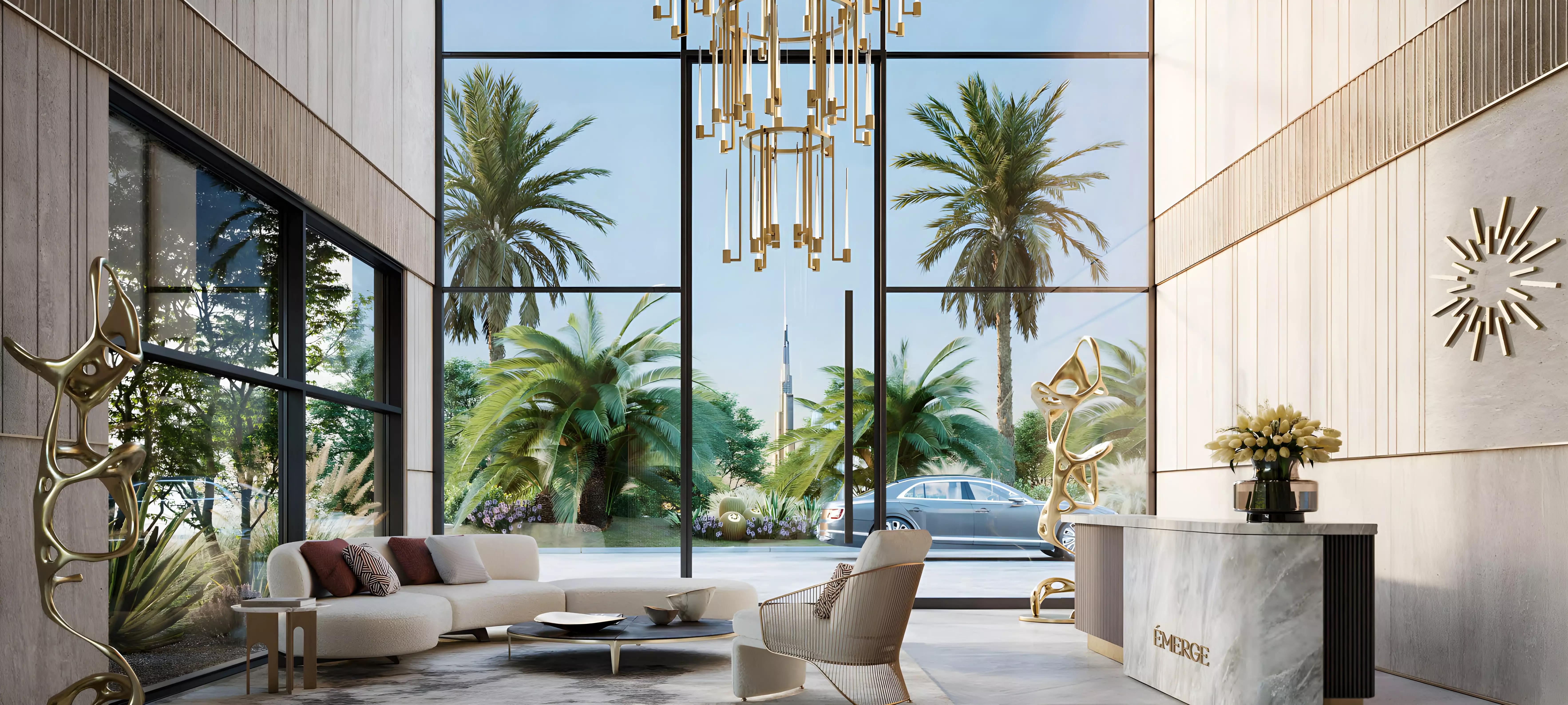 Émerge Residences building rendering with landscaped surroundings, Nad Al Sheba