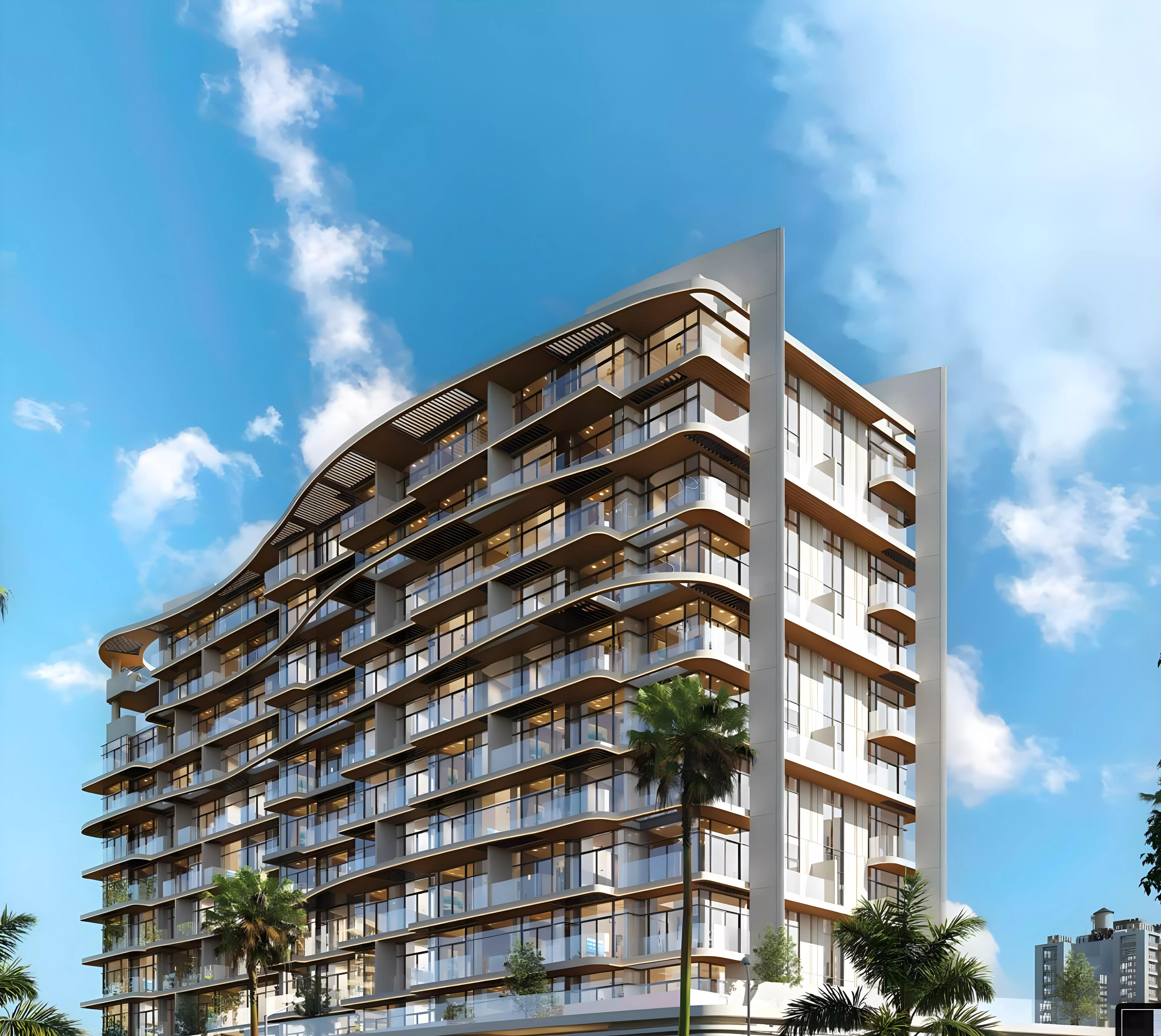 Floarea Oasis project facade and entrance rendering, Dubai Land Residence Complex
