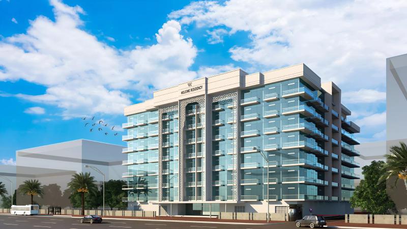 Exterior view of Welcome Residency apartment building in Arjan, Dubai