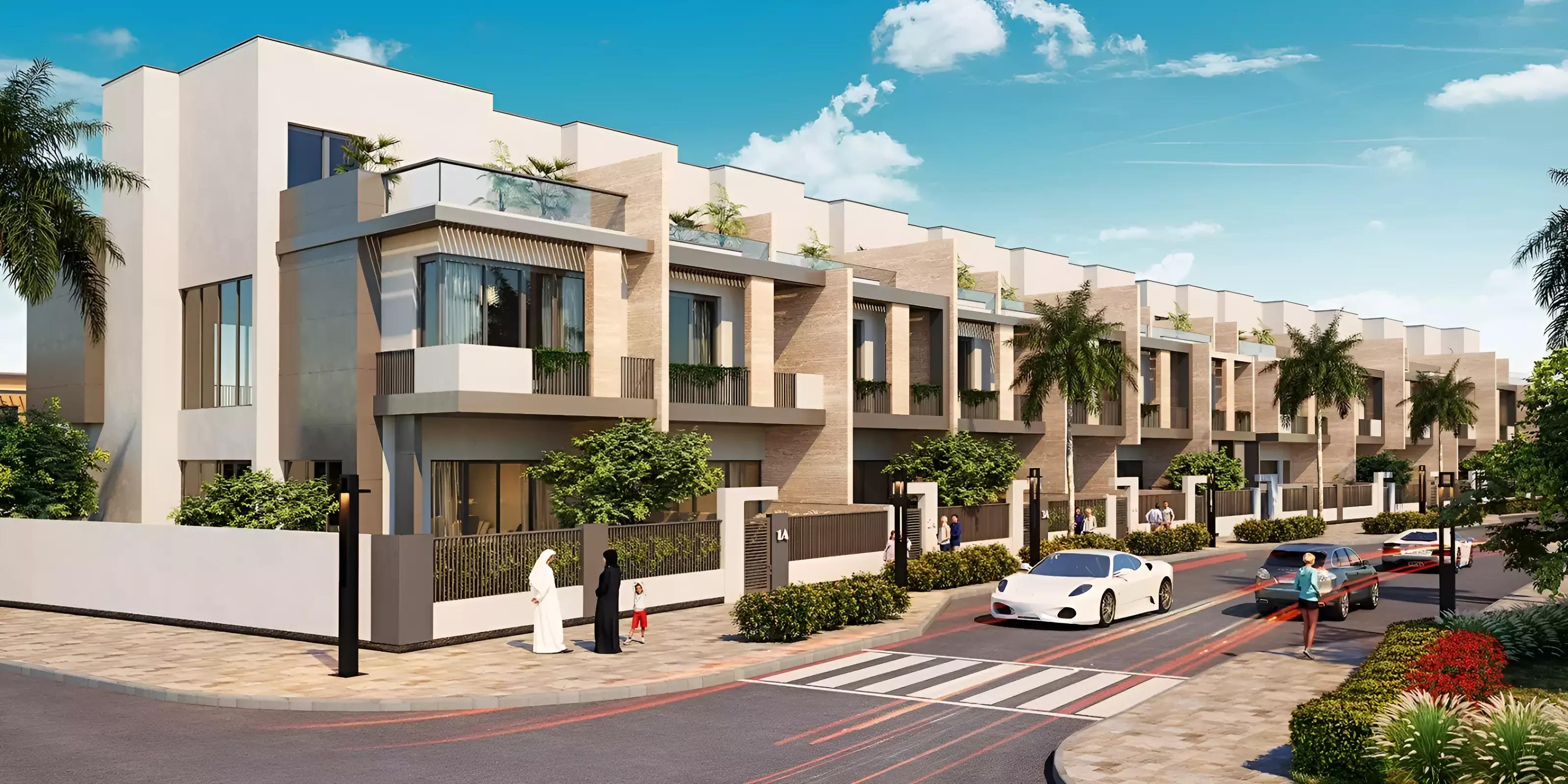 Exterior facade of Le Parc Homes townhouses in Jumeirah Village Circle, Dubai