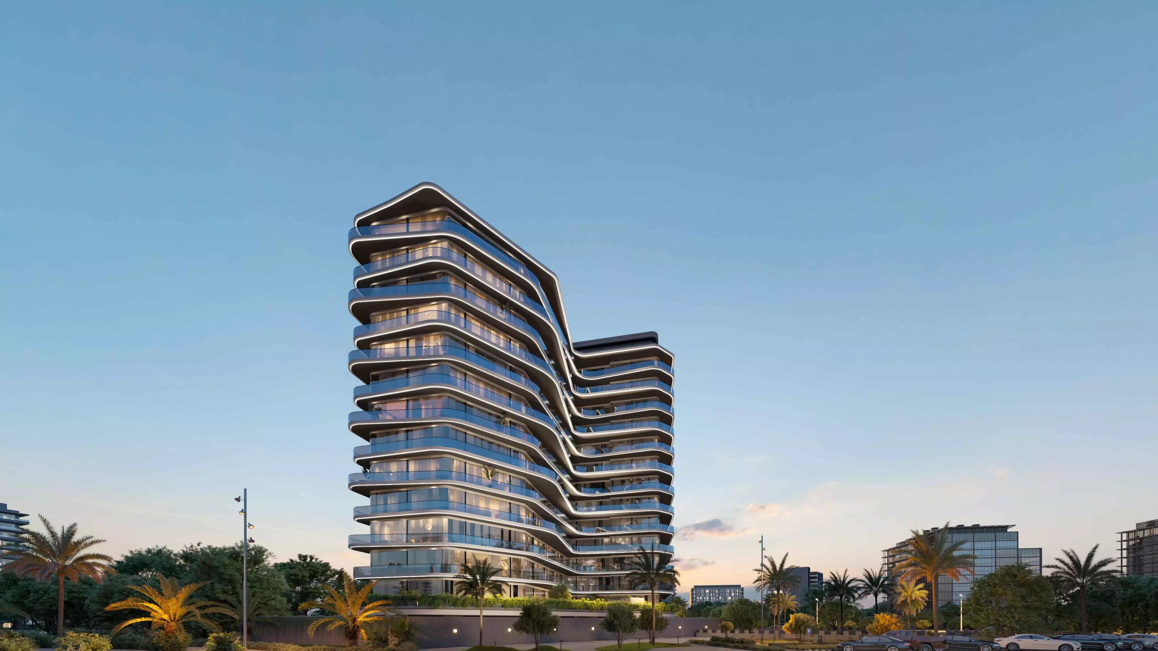 Milos by Karma apartment building exterior render, Dubai Land Residence Complex, Dubai