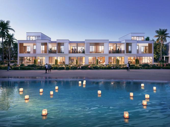 Damac Riverside villa exterior with waterfront view, Dubai Investment Park (DIP)