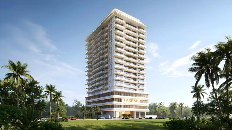 Celesto Tower exterior facade under construction, Dubai Land Residence Complex, Dubai