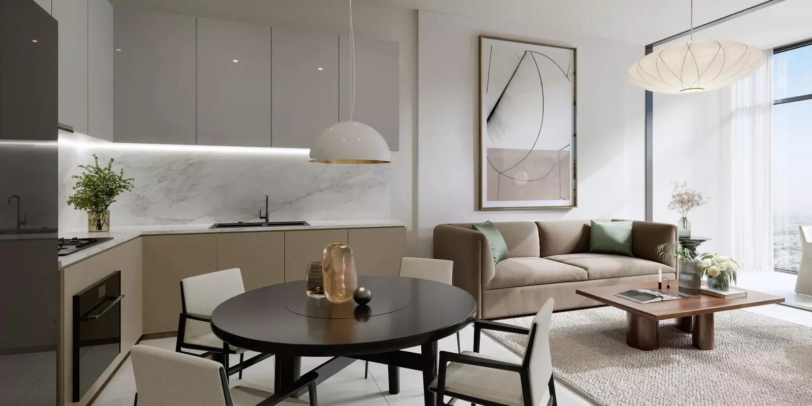 Kitchen with fitted appliances in an Al Habtoor Tower apartment