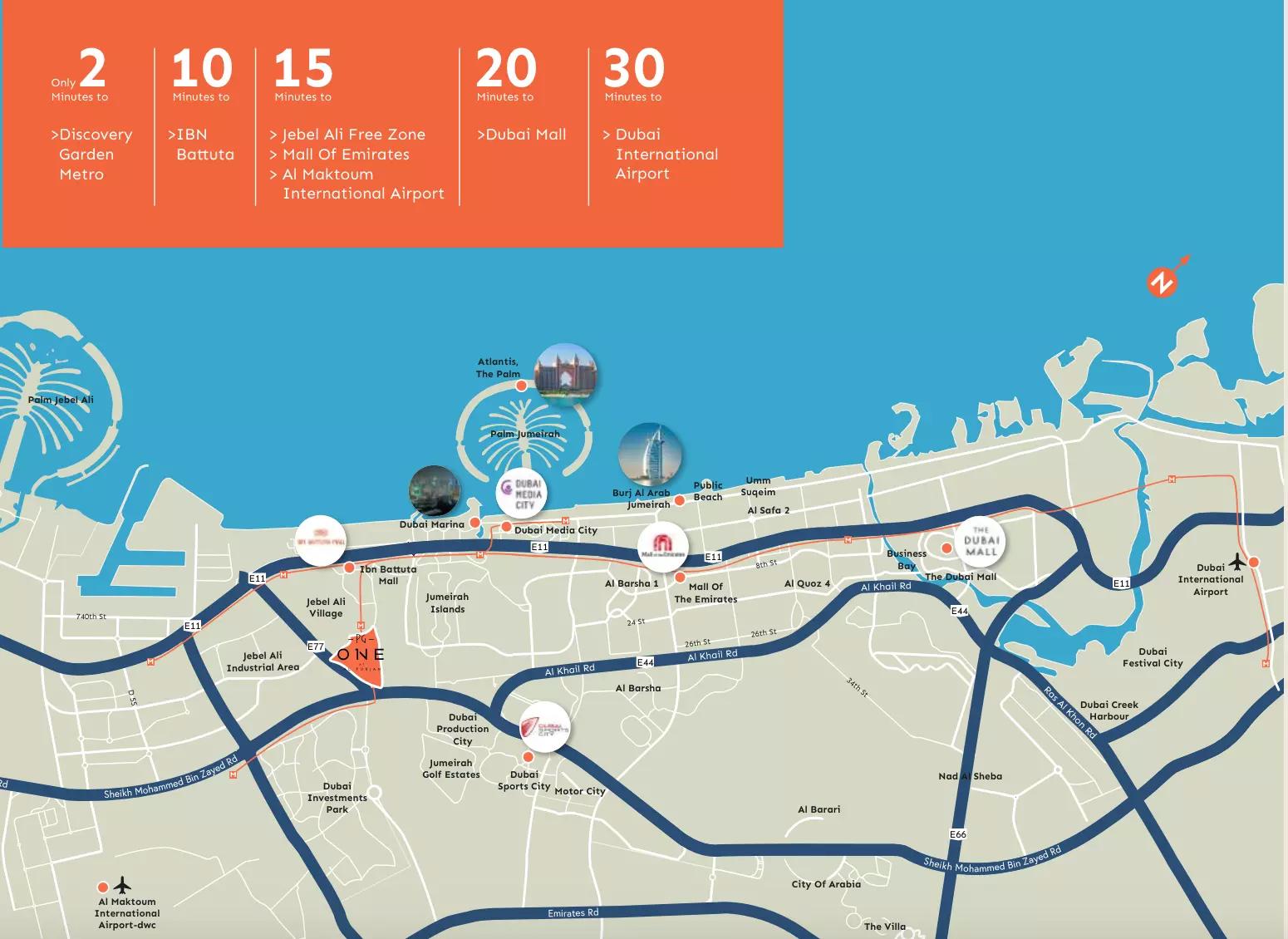 PG One masterplan layout showing tower position within Al Furjan