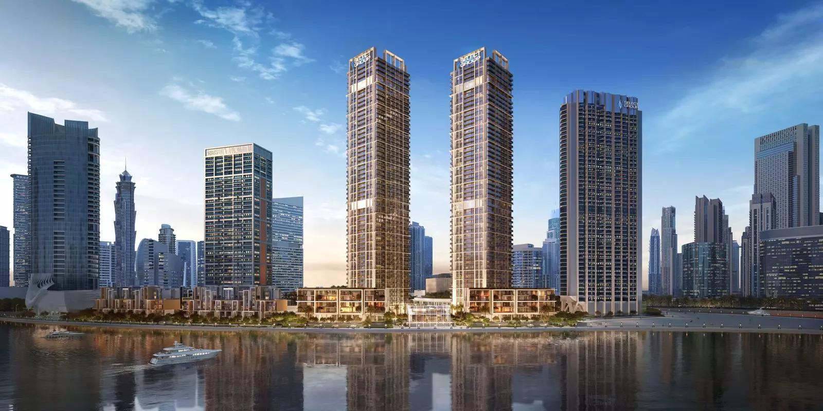 Peninsula Four exterior tower view over Business Bay waterfront, Dubai