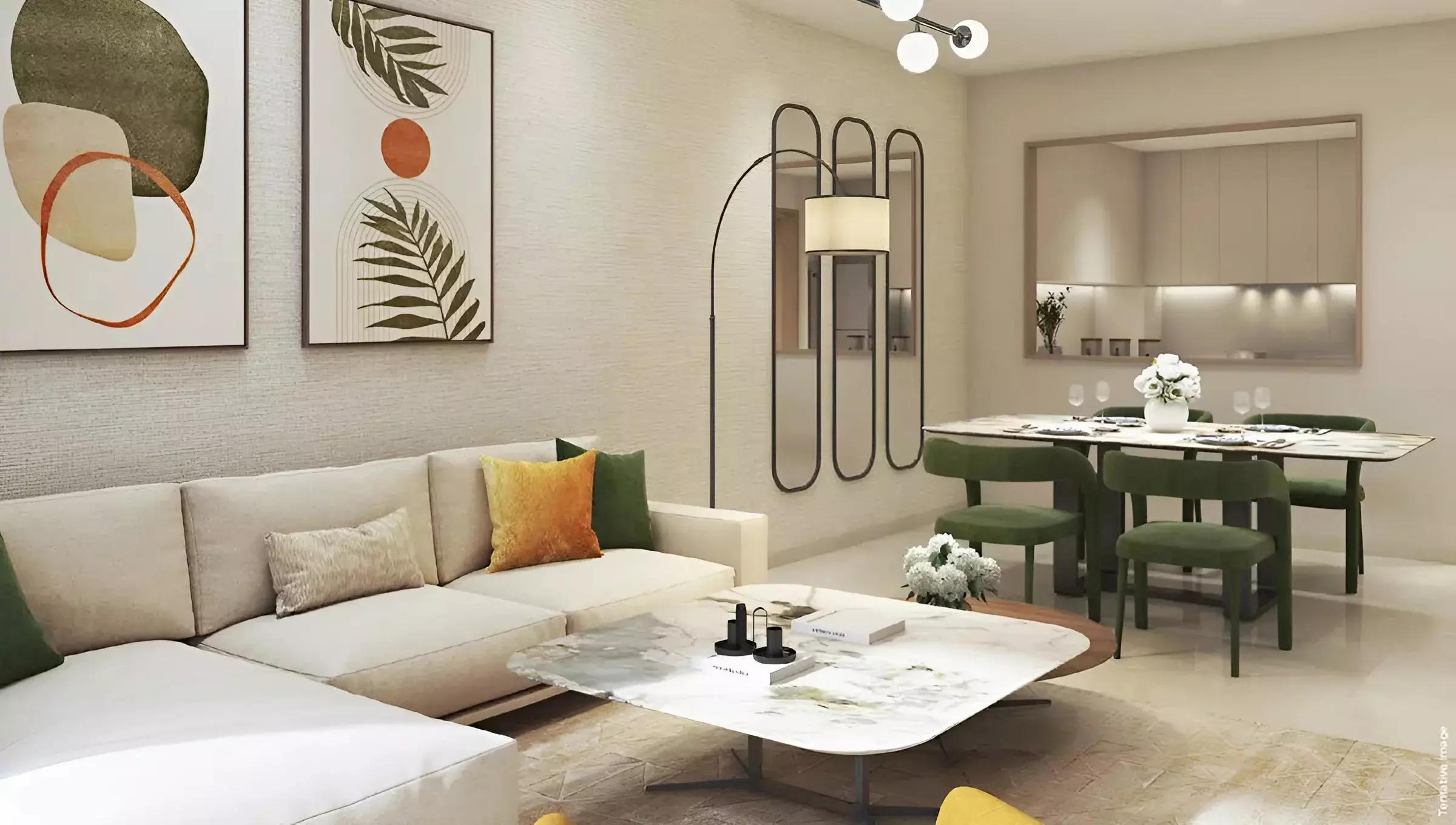 Damac Riverside Views Indigo courtyard and pool area, Dubai Investment Park 2