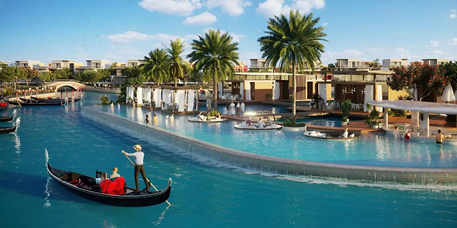 Aerial view of Venice villa cluster and shared lagoon, DAMAC Lagoons, Dubai