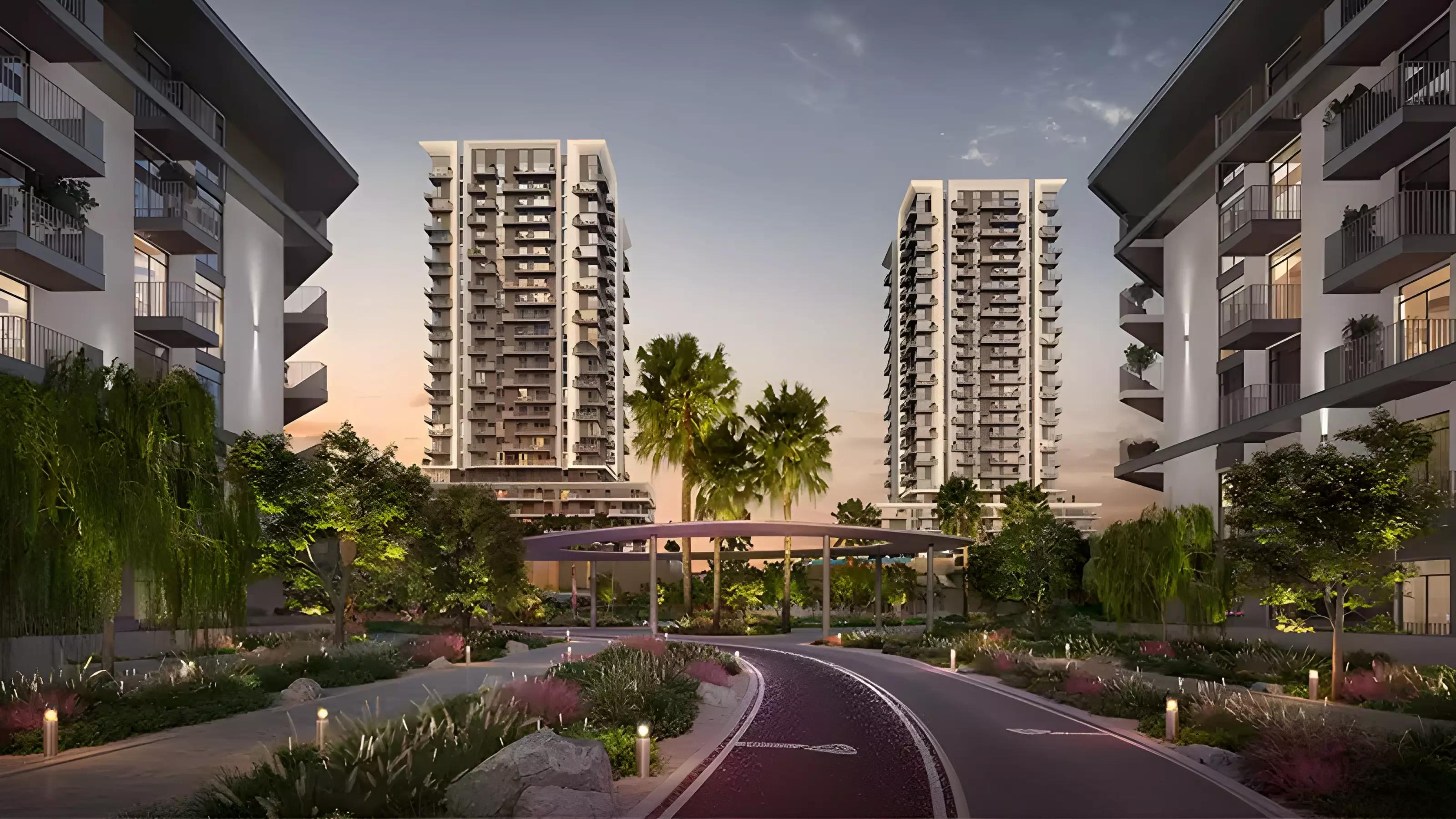 Cyan Tower facade and landscaped surroundings, Rise by Athlon 2, Dubai