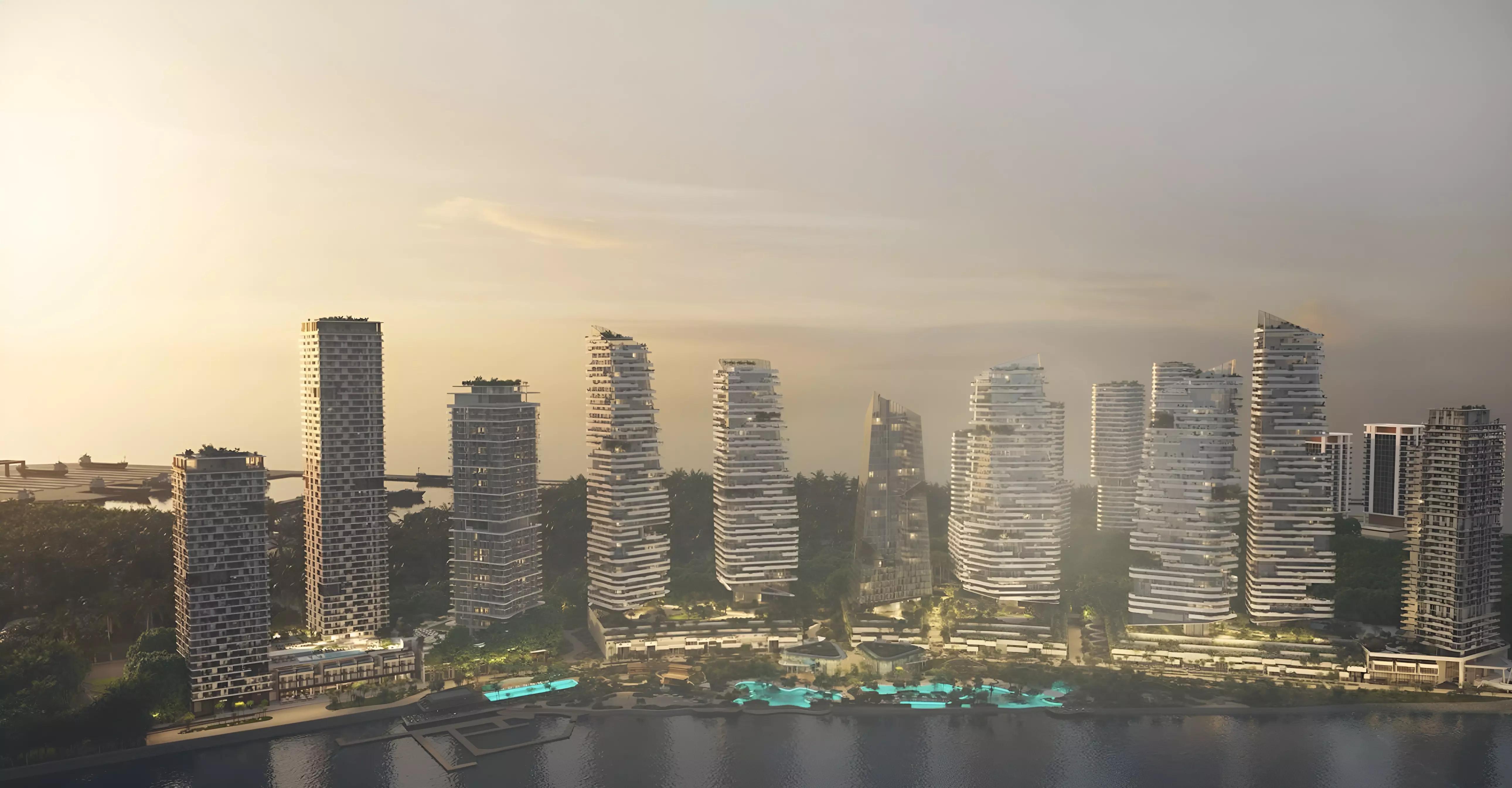 Exterior view of The Bay Towers residential tower by Beyond in Dubai Maritime City