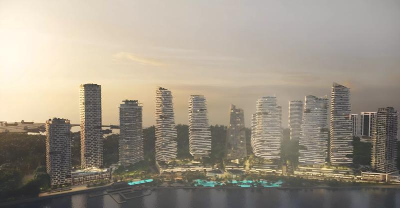 Exterior view of The Bay Towers residential tower by Beyond in Dubai Maritime City