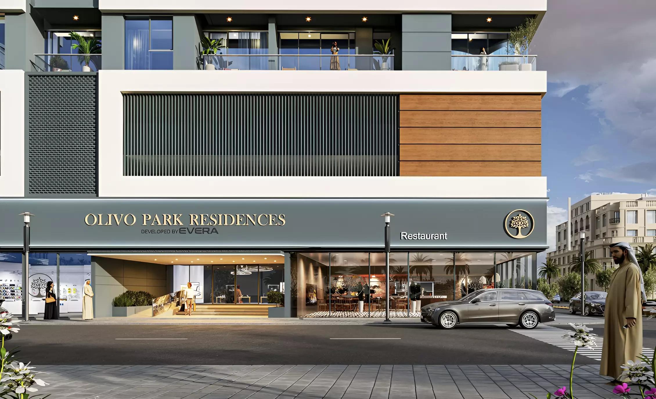 Olivo Park Residences landscaped gardens and outdoor seating, JVC
