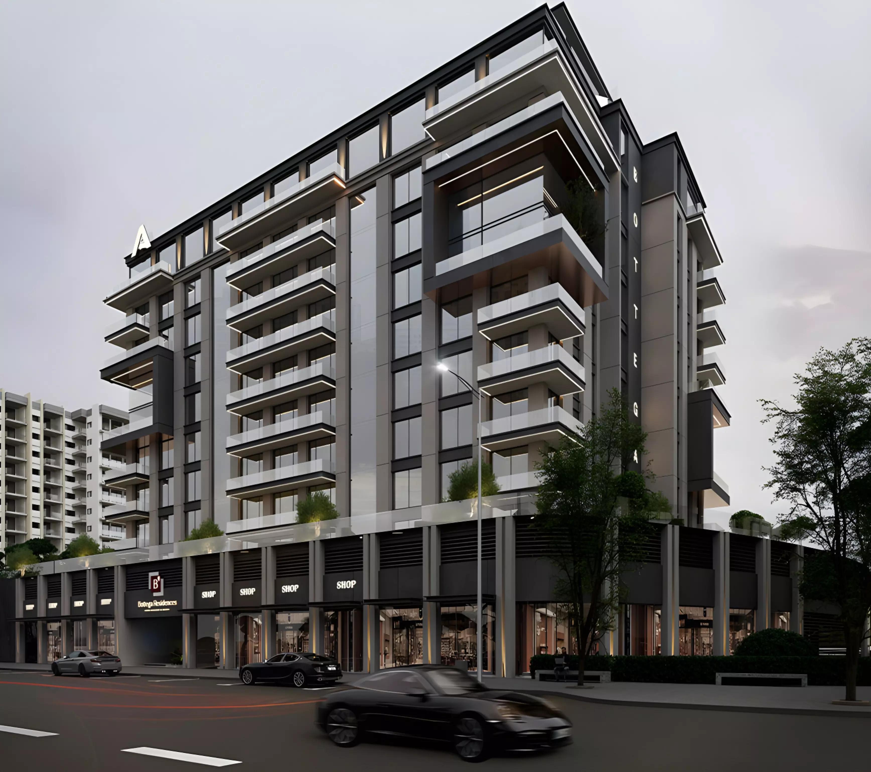Bottega Nove landscaped garden and outdoor seating area, Majan, Dubai