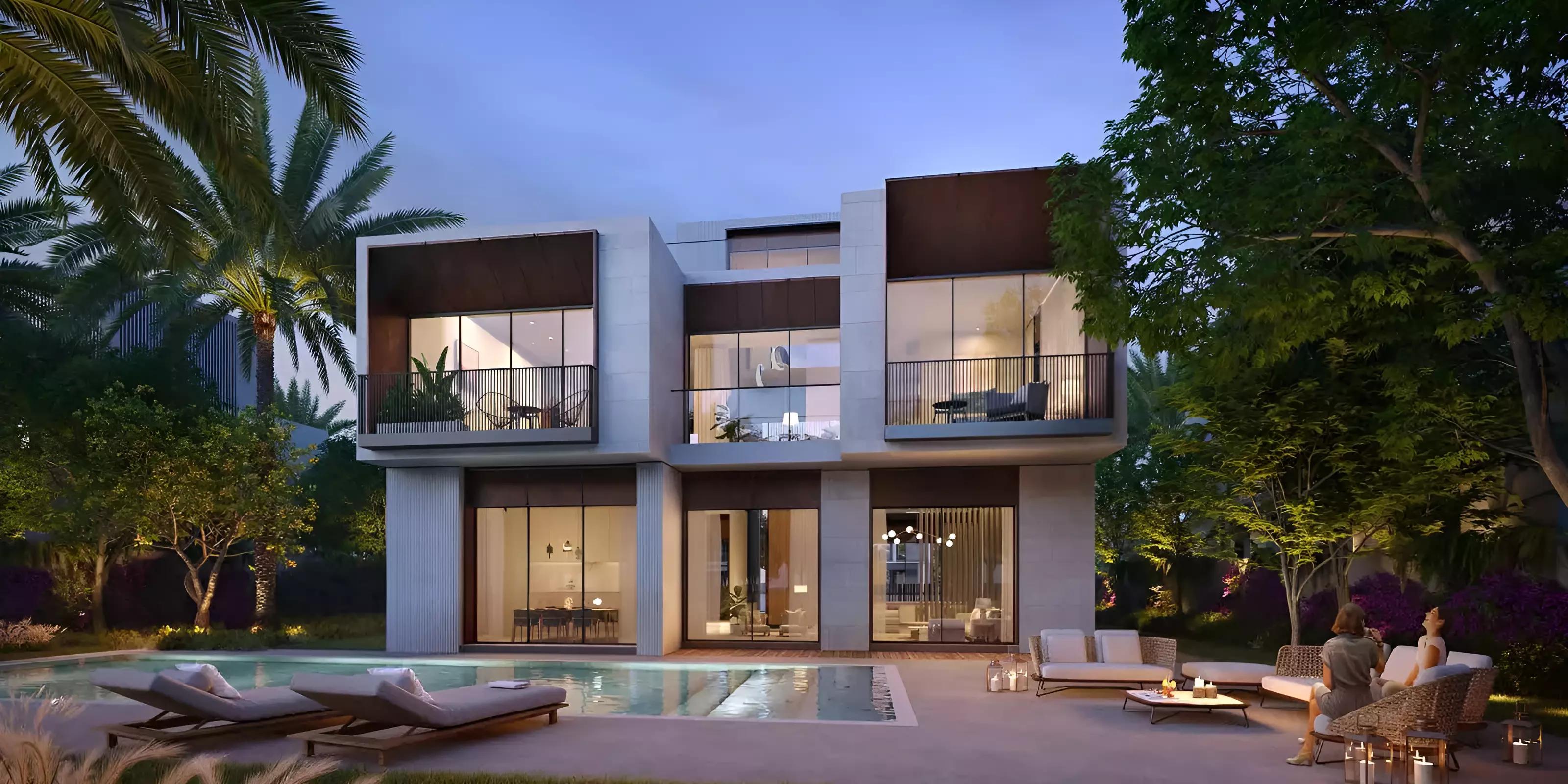 Palm Hills villa exterior with landscaped front garden, Dubai Hills Estate, Dubai