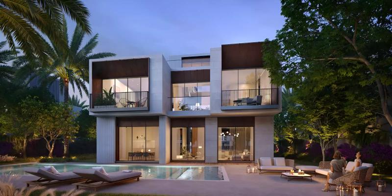 Palm Hills villa exterior with landscaped front garden, Dubai Hills Estate, Dubai