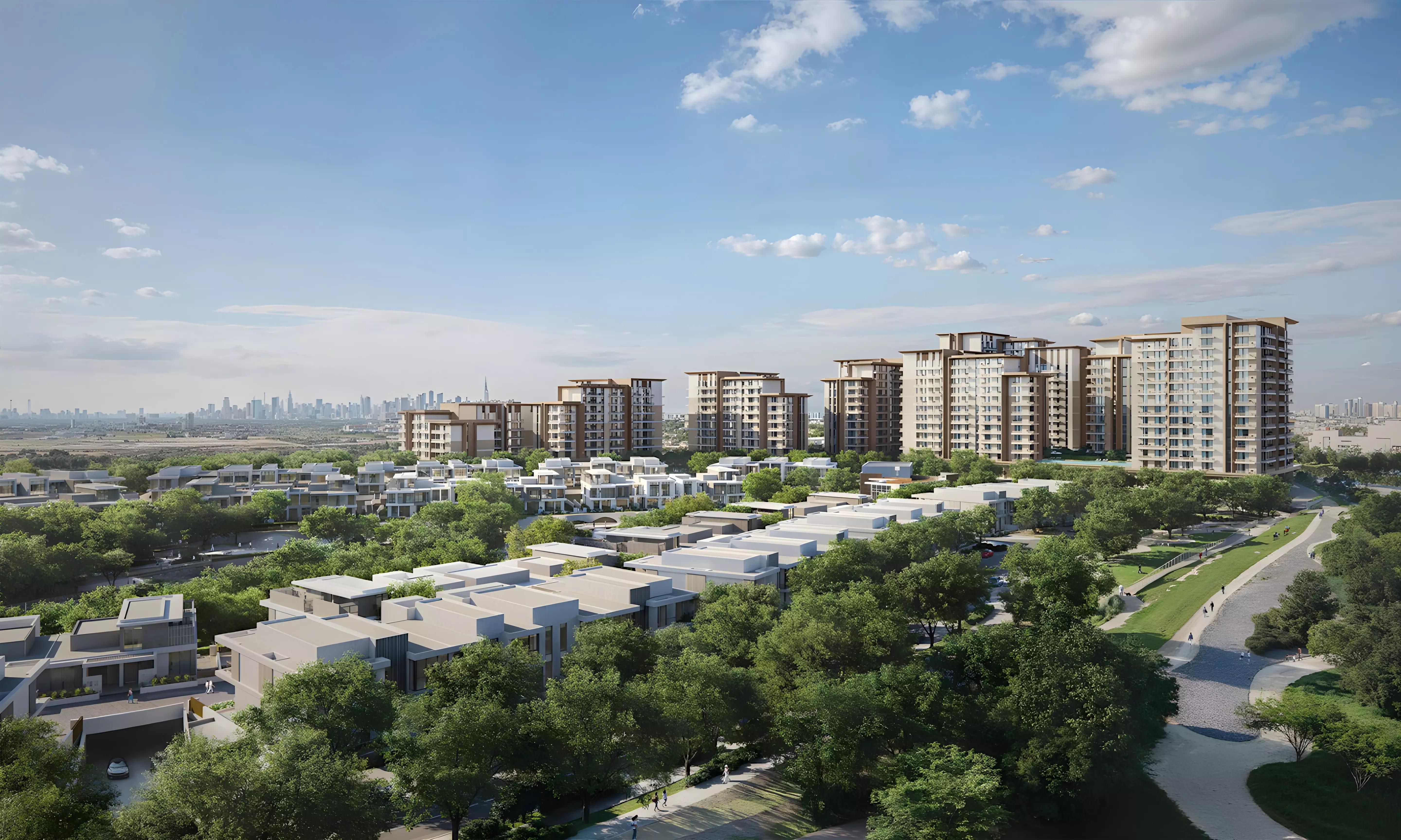 Exterior render of Ghadeer apartment building at Expo Valley Views, Expo City Dubai
