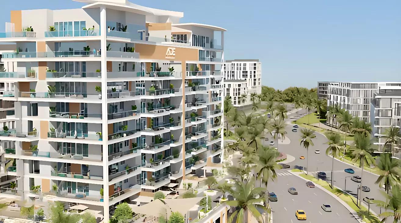 Deansgate building facade and entrance view, Majan, Dubai
