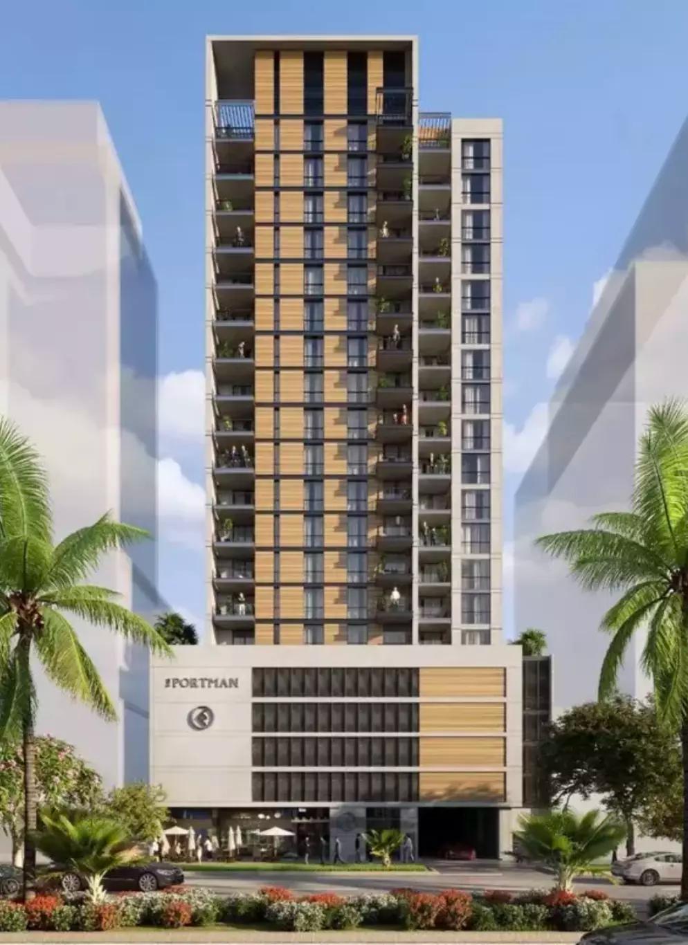 Building entrance and landscaping at The Portman, Jumeirah Village Circle