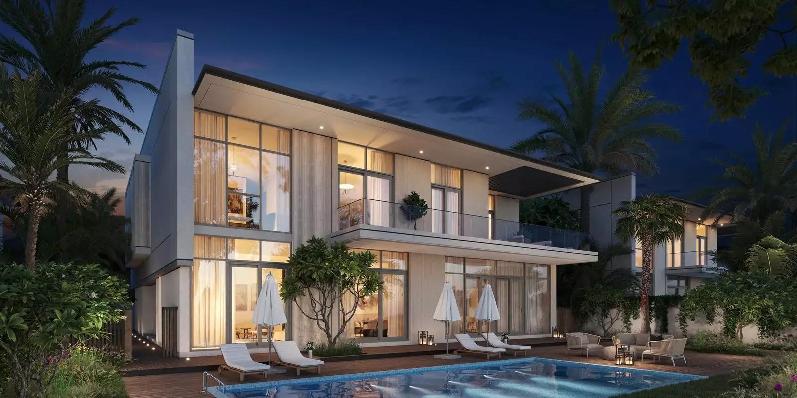 Opal Gardens villa facade and landscaped street, District 11, MBR City, Dubai