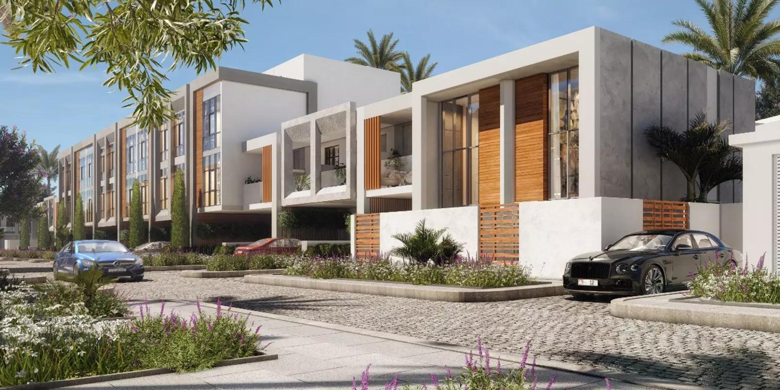 Verdana Phase 2 townhouse street view showing facade design, DIP, Dubai