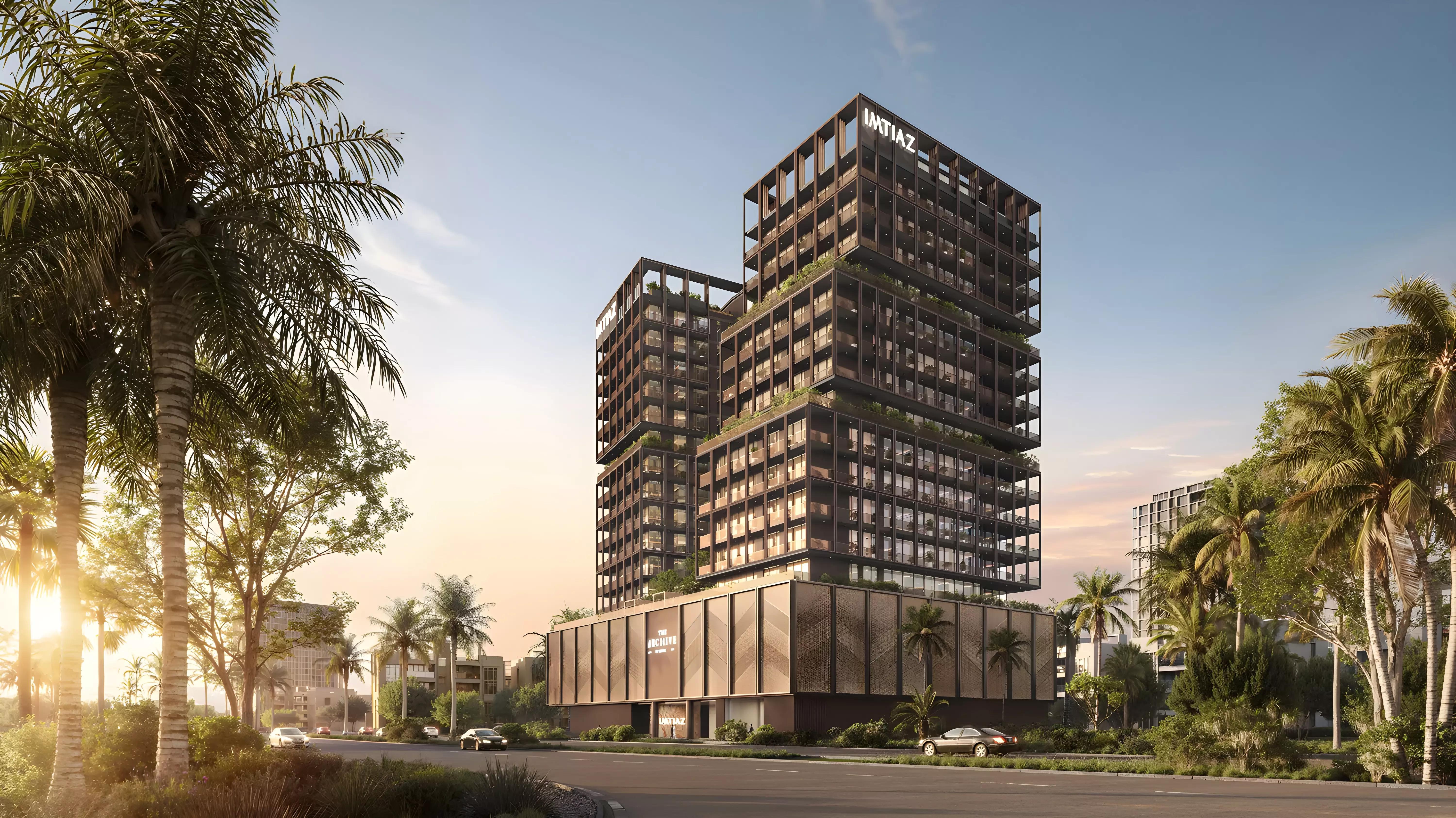 The Archive residential tower street-level view, Dubai Land Residence Complex, Dubai
