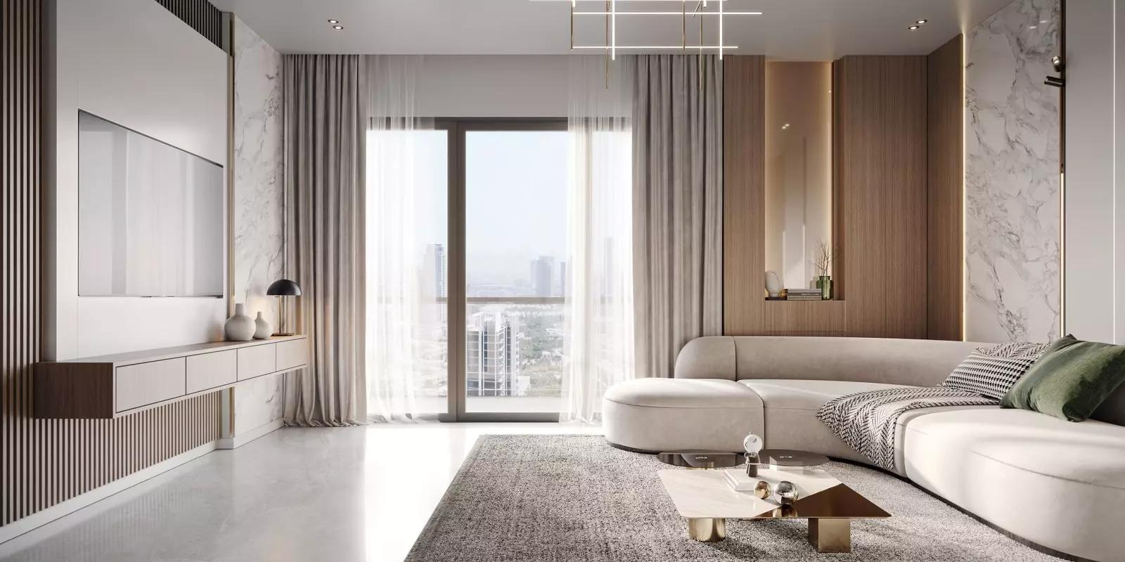 Binghatti Azure exterior view with landscaping, Jumeirah Village Circle, Dubai