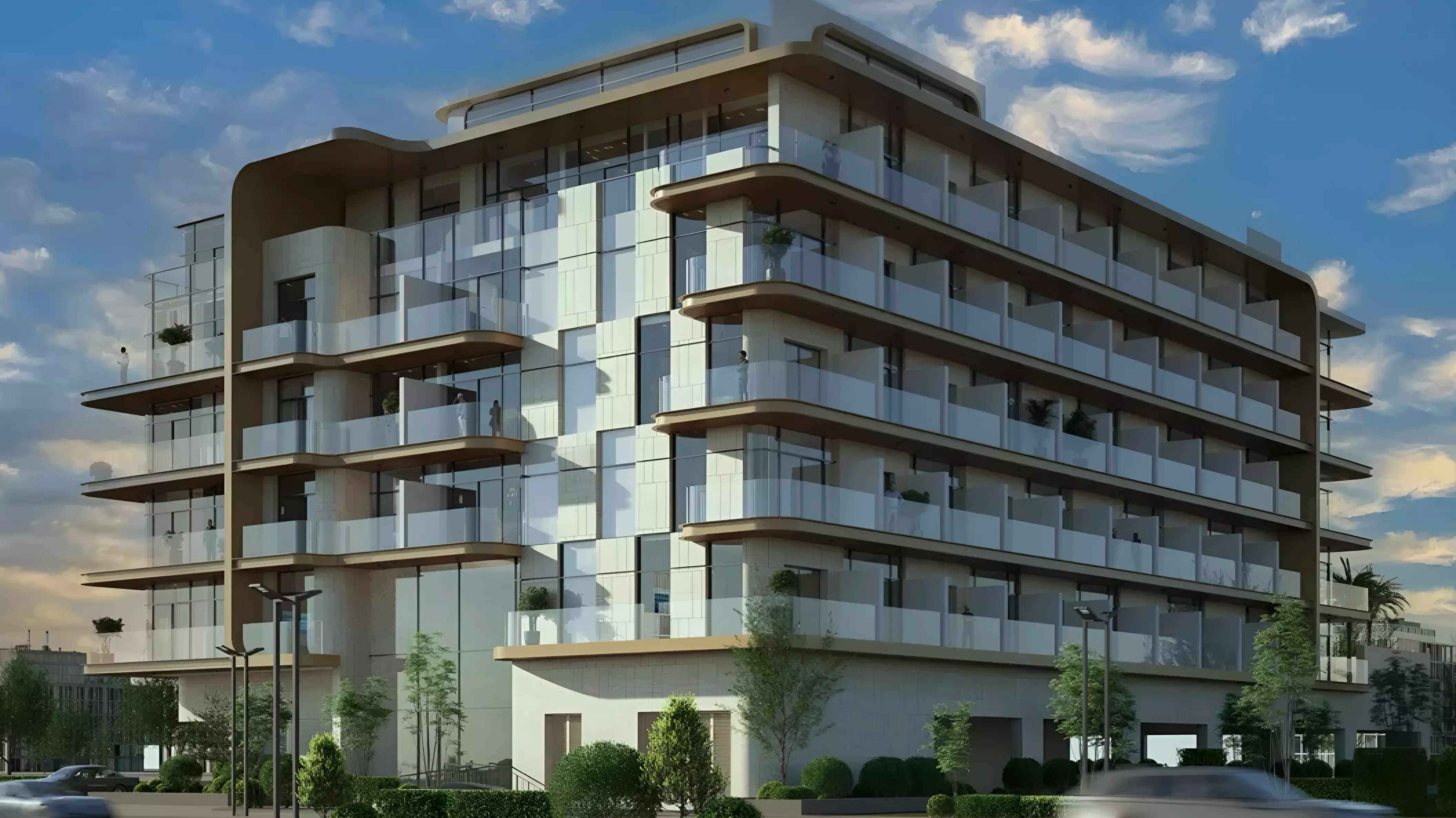 Exterior render of Elevia Residences Phase 3 apartment building in Al Warsan, Dubai