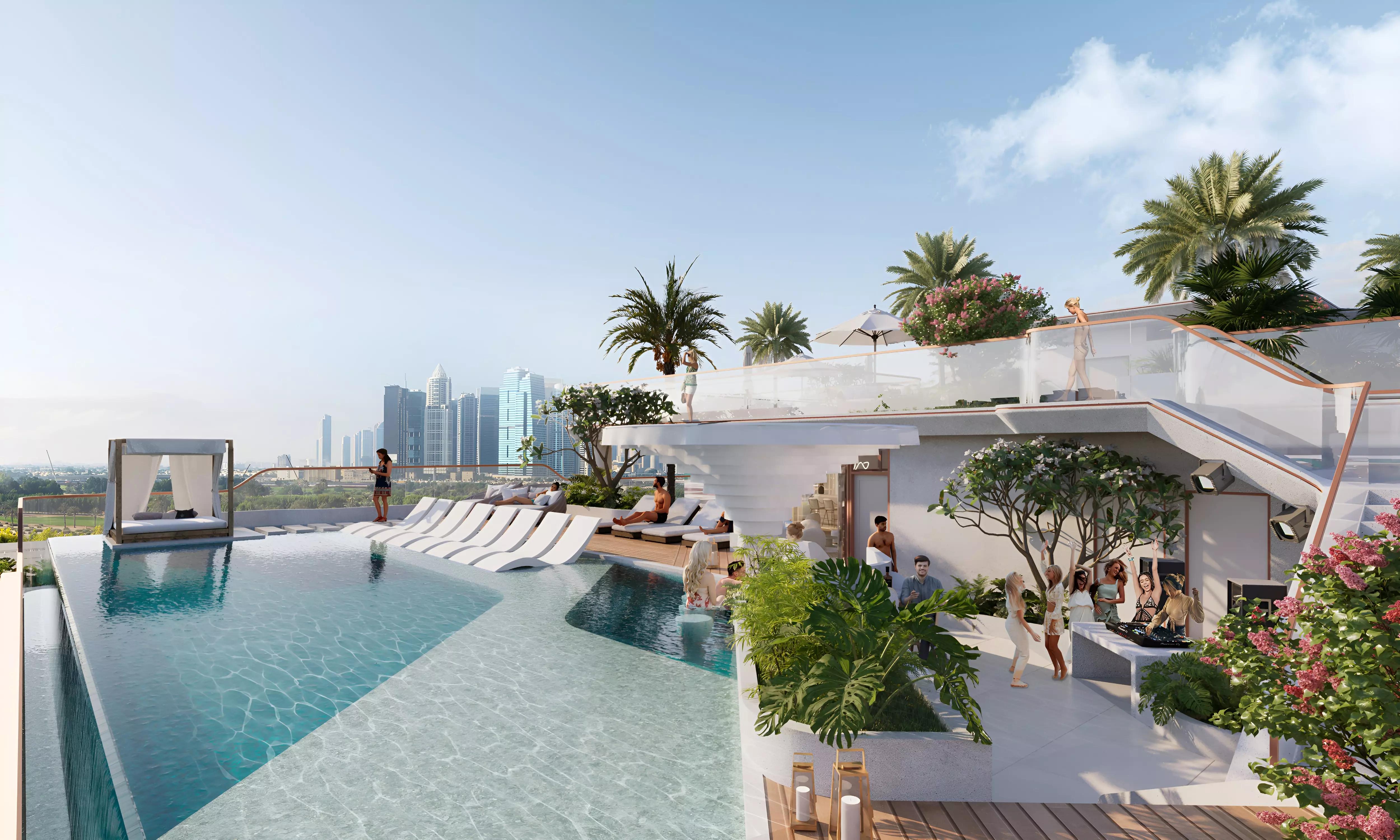 Flow Residences building elevation with waterfront setting, Dubai Islands