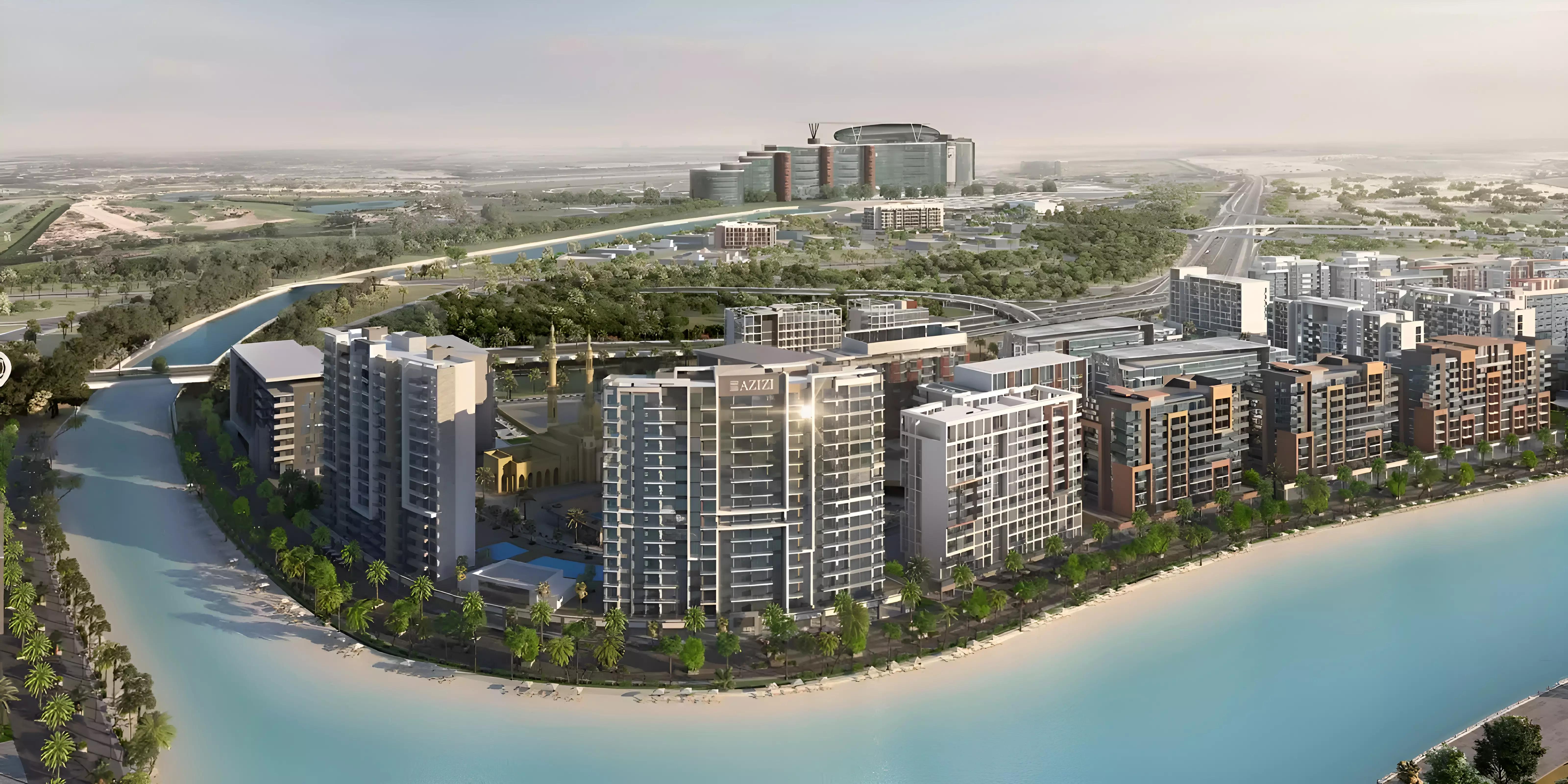 Azizi Riviera 8 residential tower exterior along the Meydan One canal, Dubai