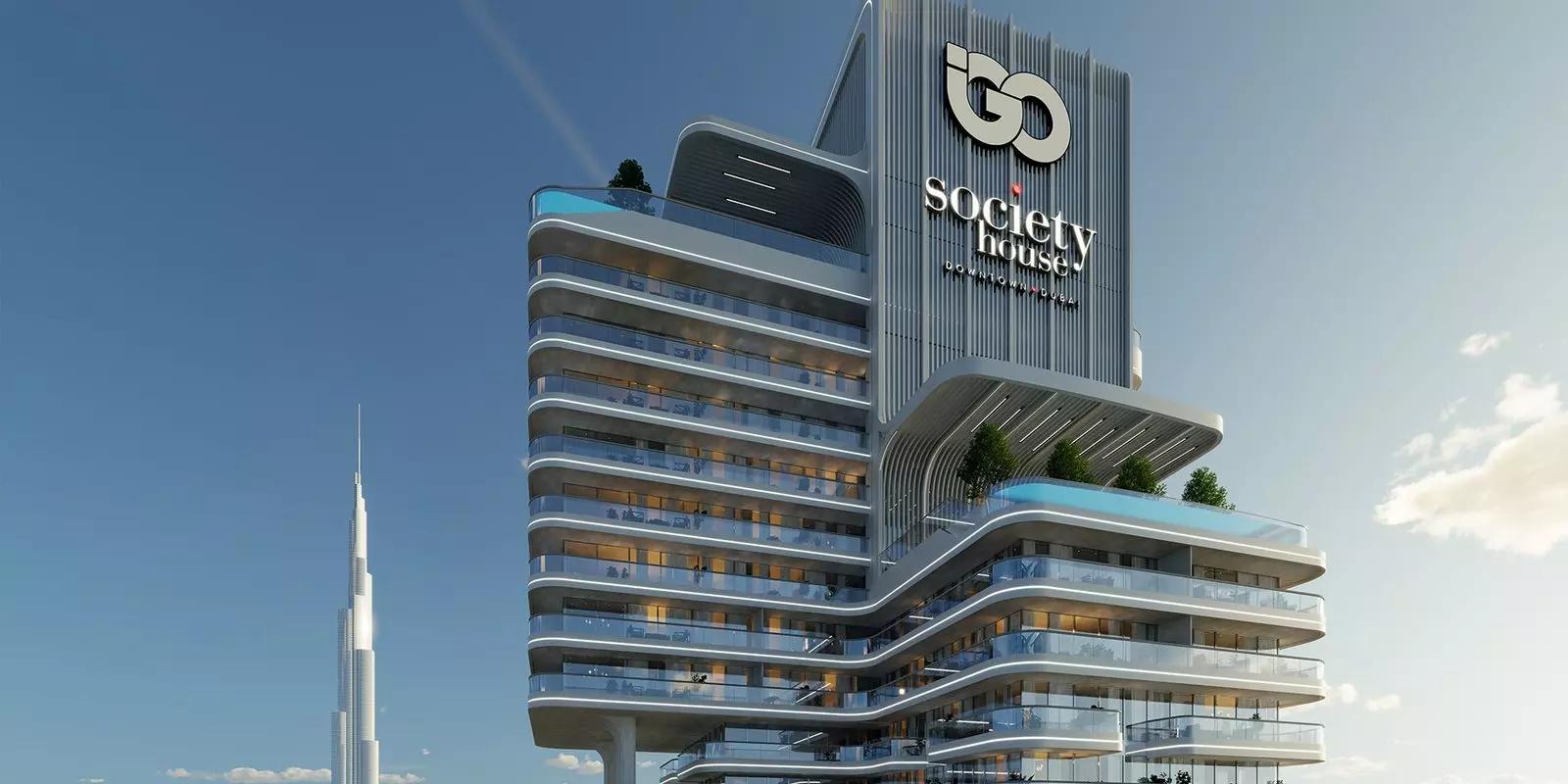 Society House residential tower street-level view, Downtown Dubai