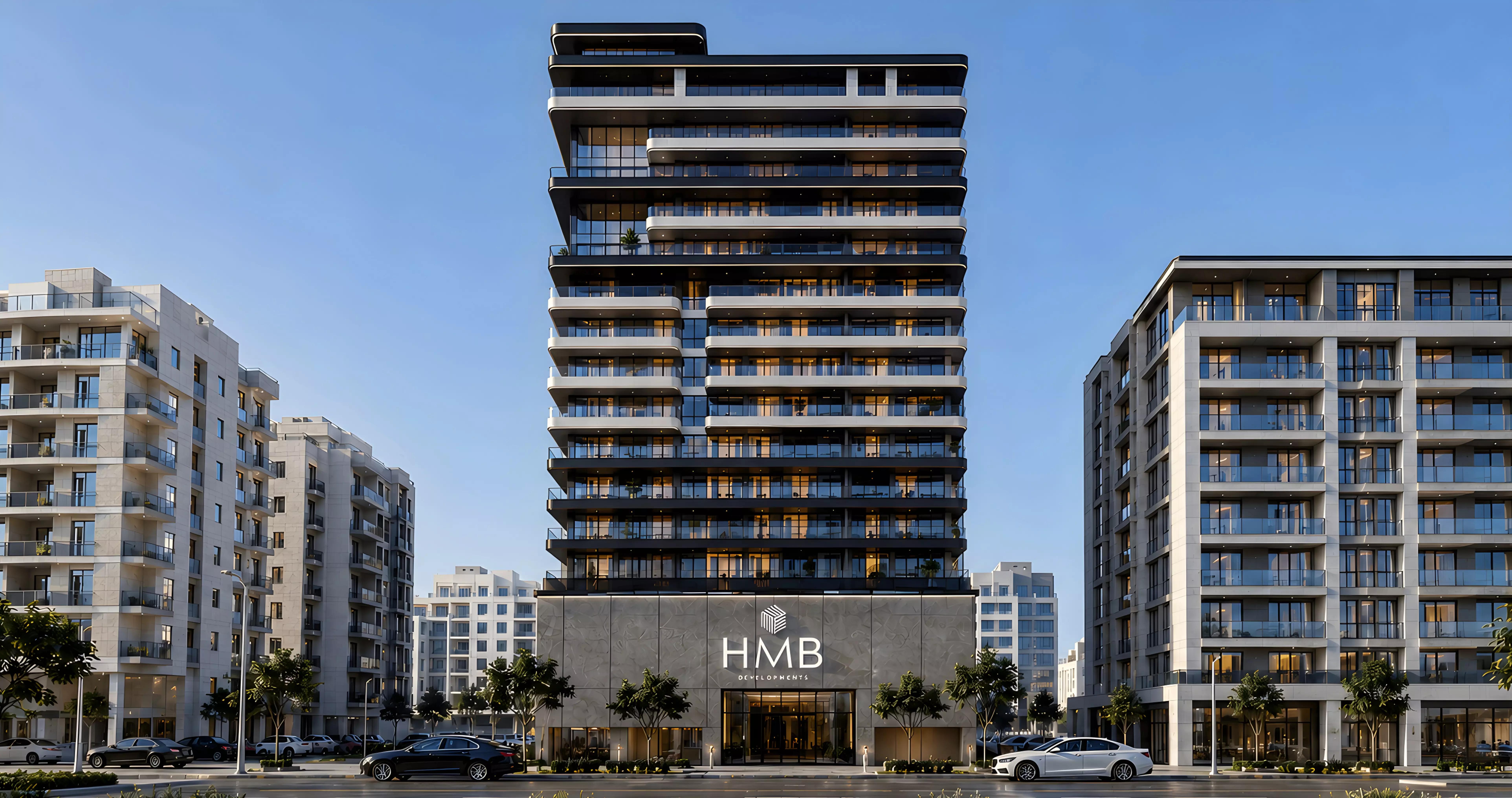 Beverly Crown building elevation with landscaping, JVC, Dubai