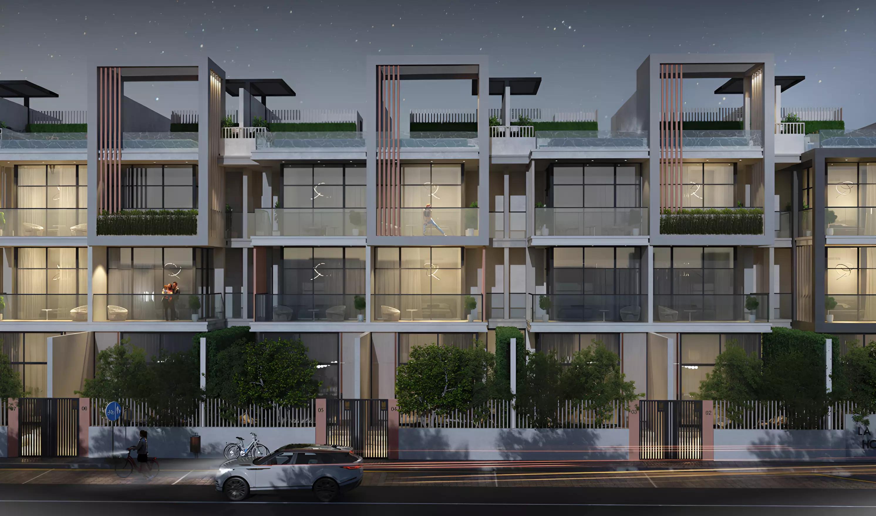 La Perla Homes townhouse exterior with landscaped frontage, JVC, Dubai