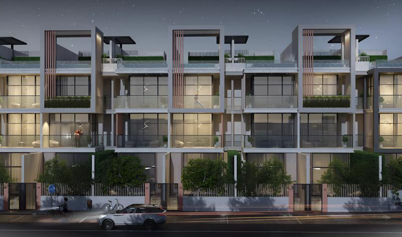 La Perla Homes townhouse exterior with landscaped frontage, JVC, Dubai