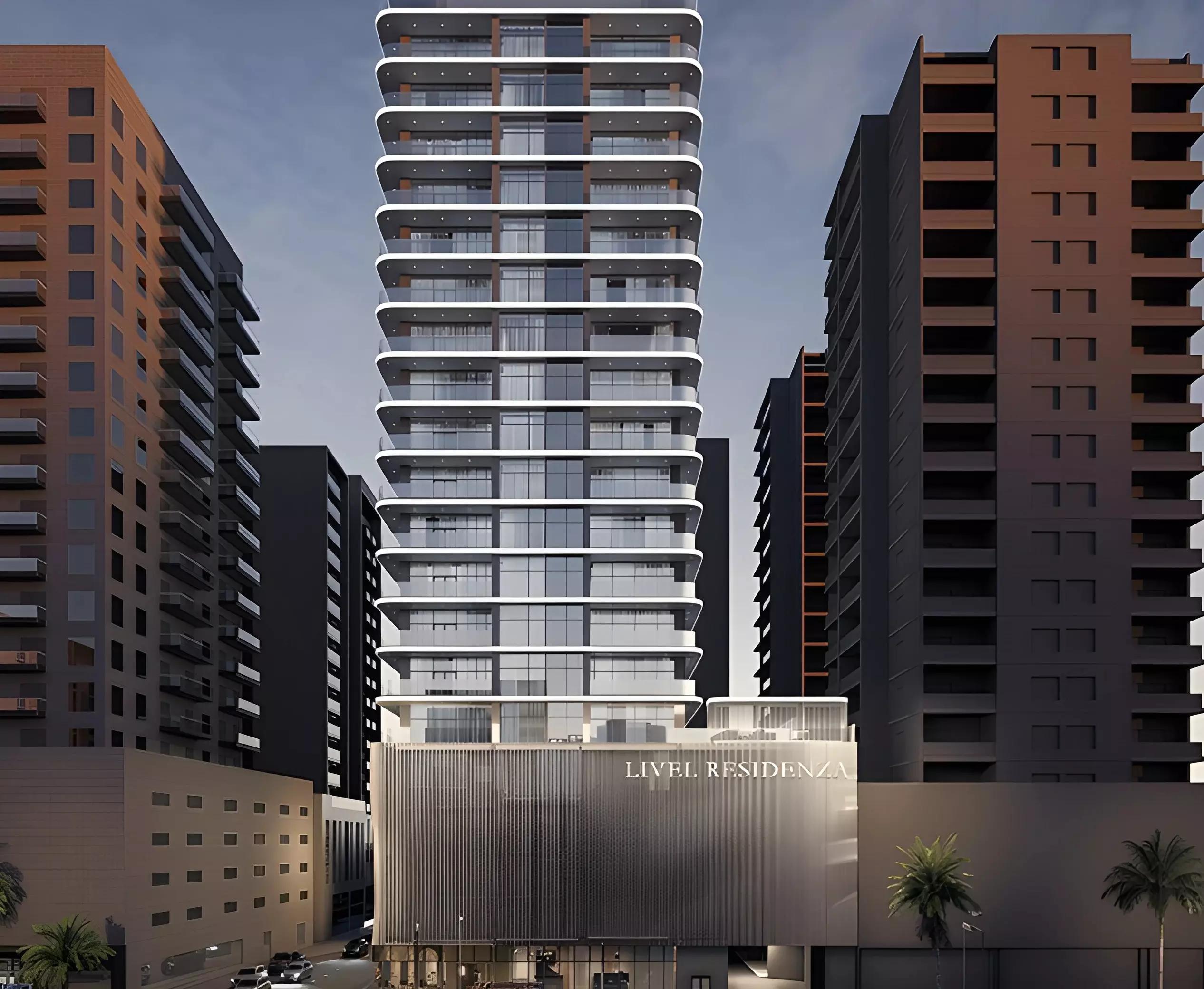 Livel Residenza building exterior from street level, JVC, Dubai