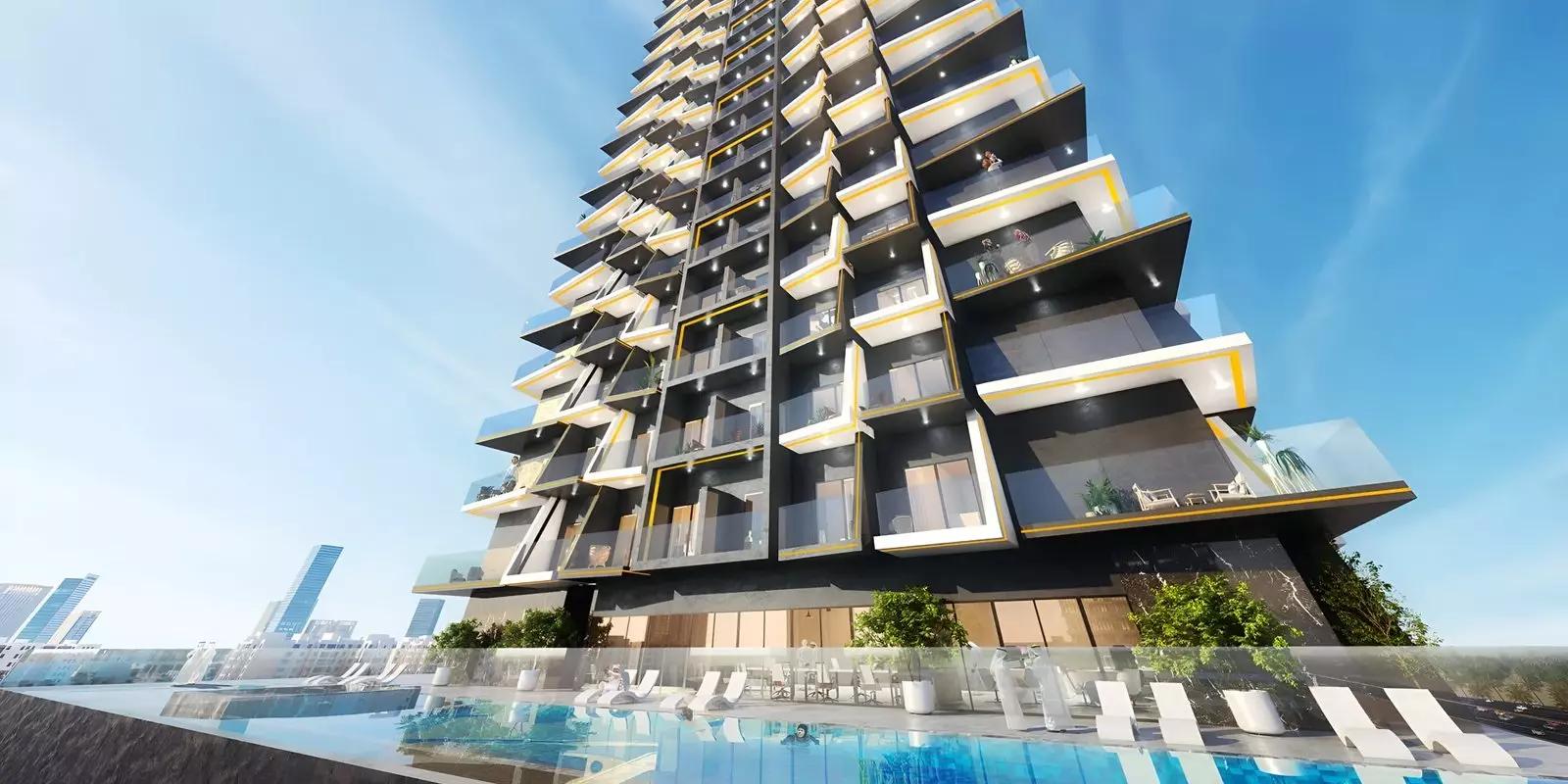 Binghatti Heights residential facade detail, JVC, Dubai
